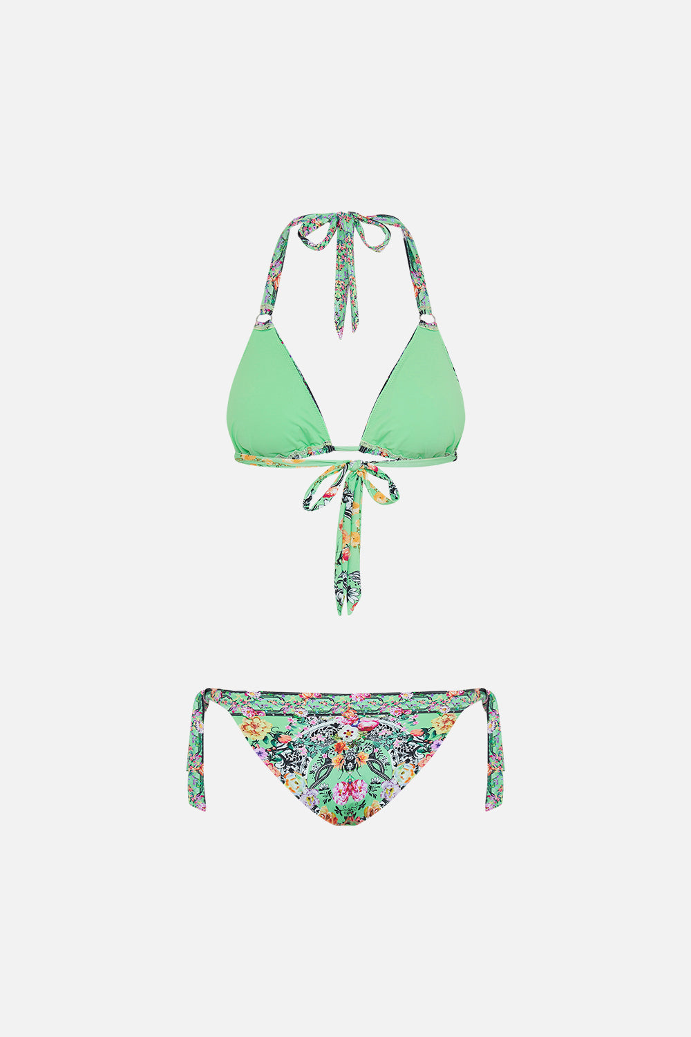 Detail view of model wearing CAMILLA resort wear womens bikini in Porcelain Dream print