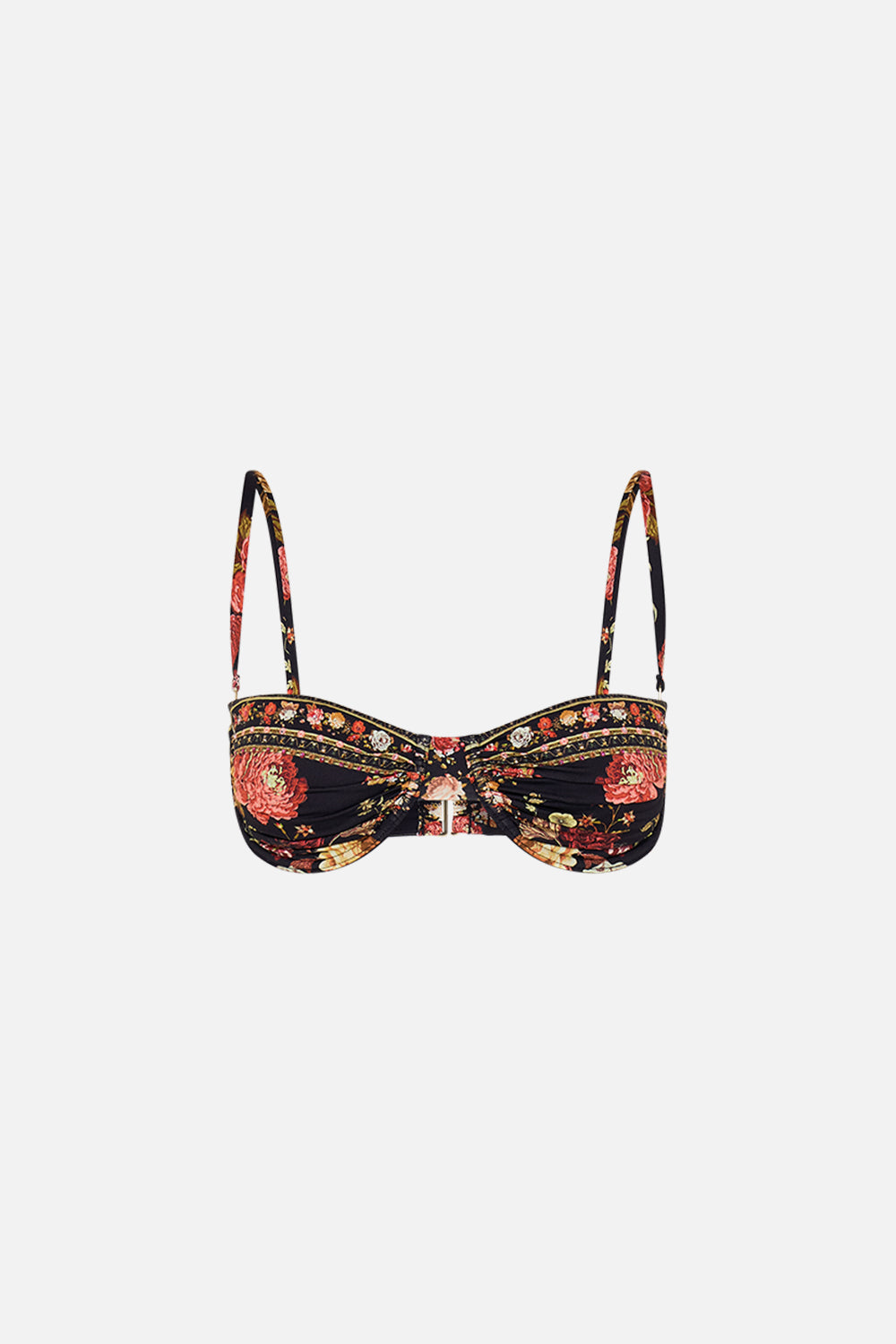 CAMILLA floral ruched underwire bra with removable straps in Stitched in Time print.