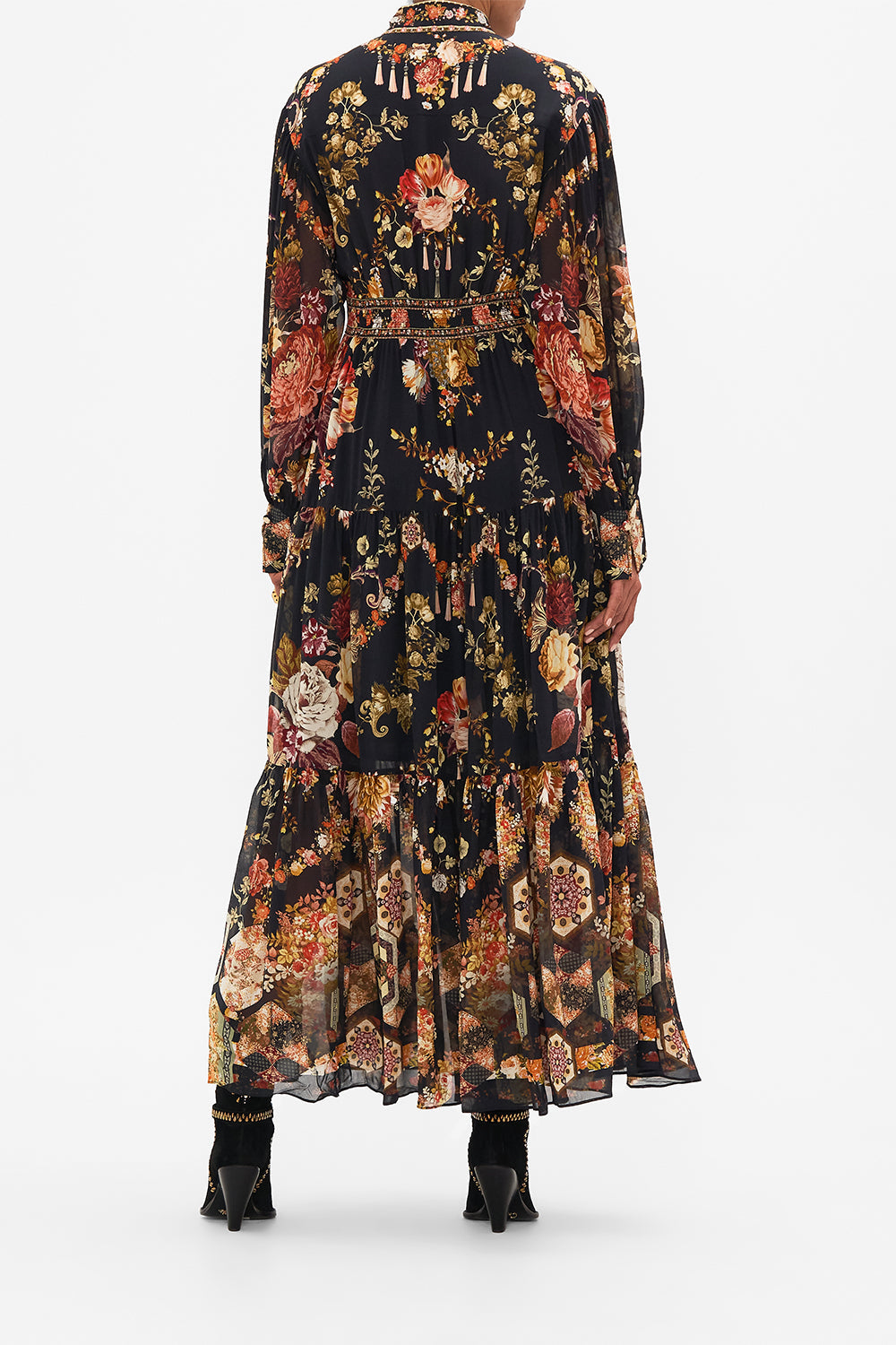 CAMILLA Floral Shaped Waistband Dress with Tiered Skirt in Stitched in Time