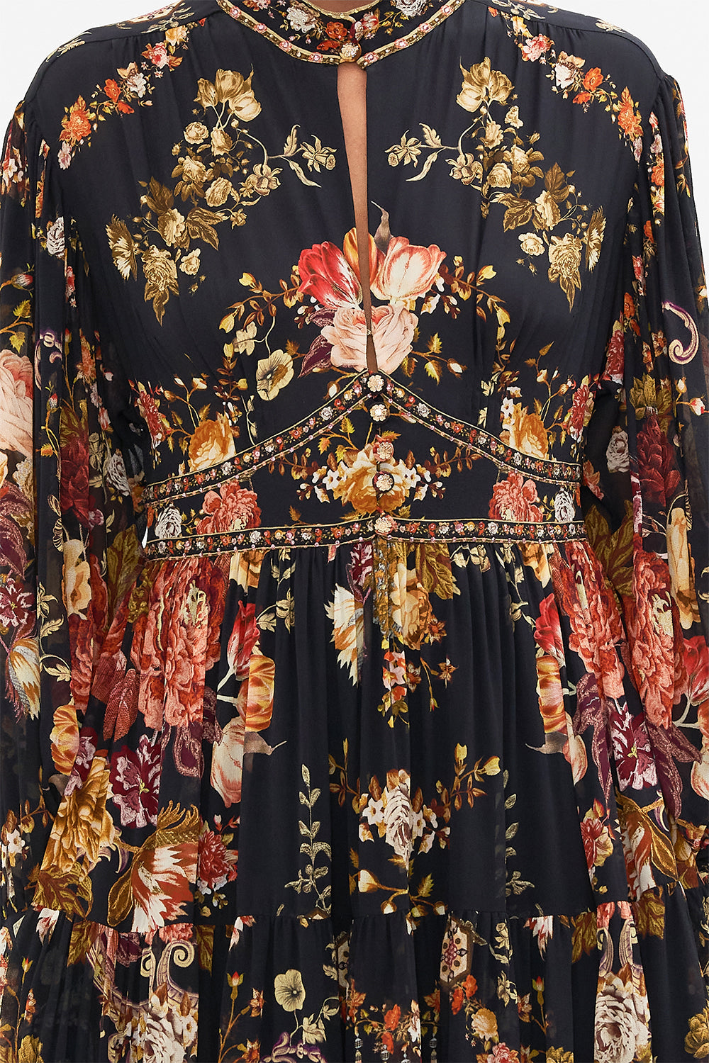 CAMILLA Floral Shaped Waistband Dress with Tiered Skirt in Stitched in Time