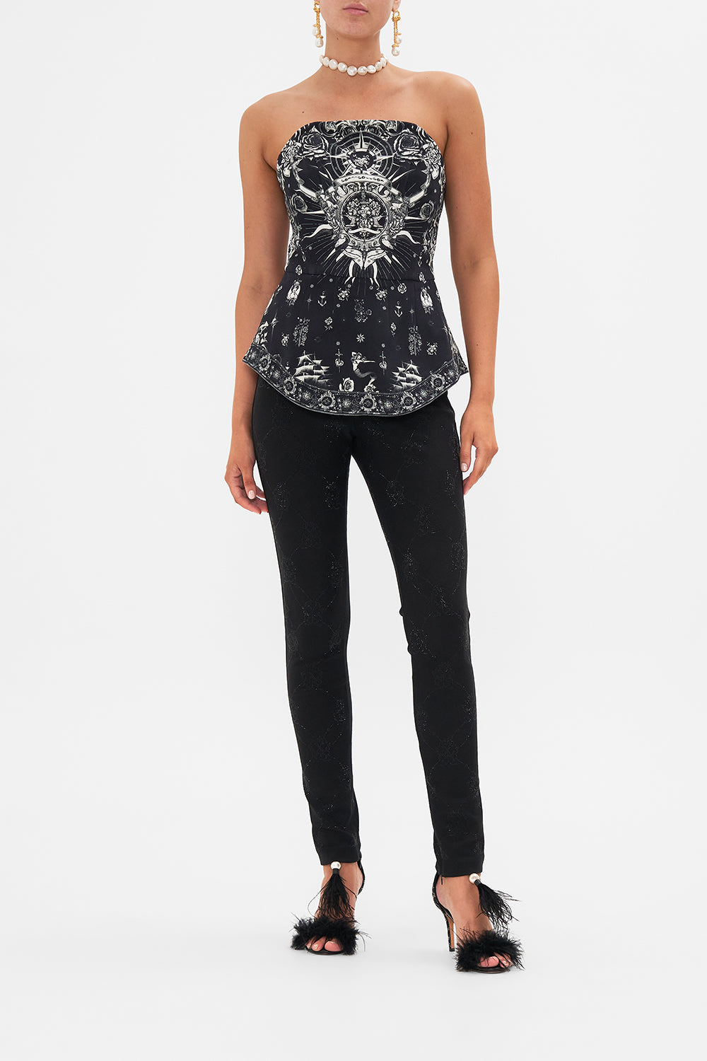 The CAMILLA CURVED HEM ZIP DETAIL CORSET TALES OF TATTOO in our TALES OF TATTOO print.