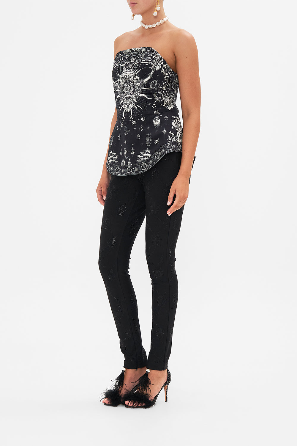 The CAMILLA CURVED HEM ZIP DETAIL CORSET TALES OF TATTOO in our  print.