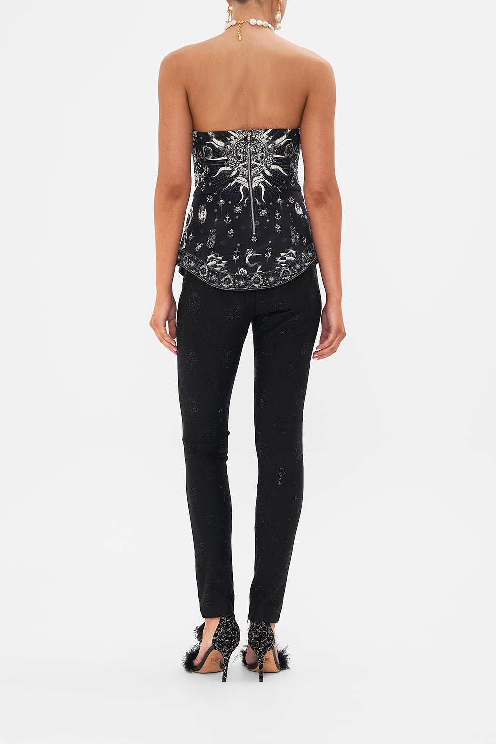 The CAMILLA CURVED HEM ZIP DETAIL CORSET TALES OF TATTOO in our  print.