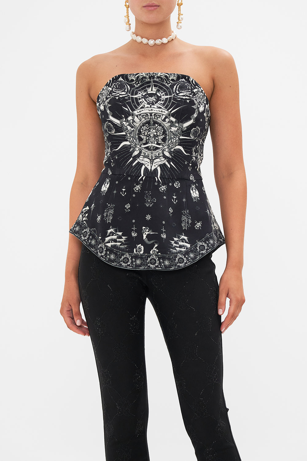 The CAMILLA CURVED HEM ZIP DETAIL CORSET TALES OF TATTOO in our  print.