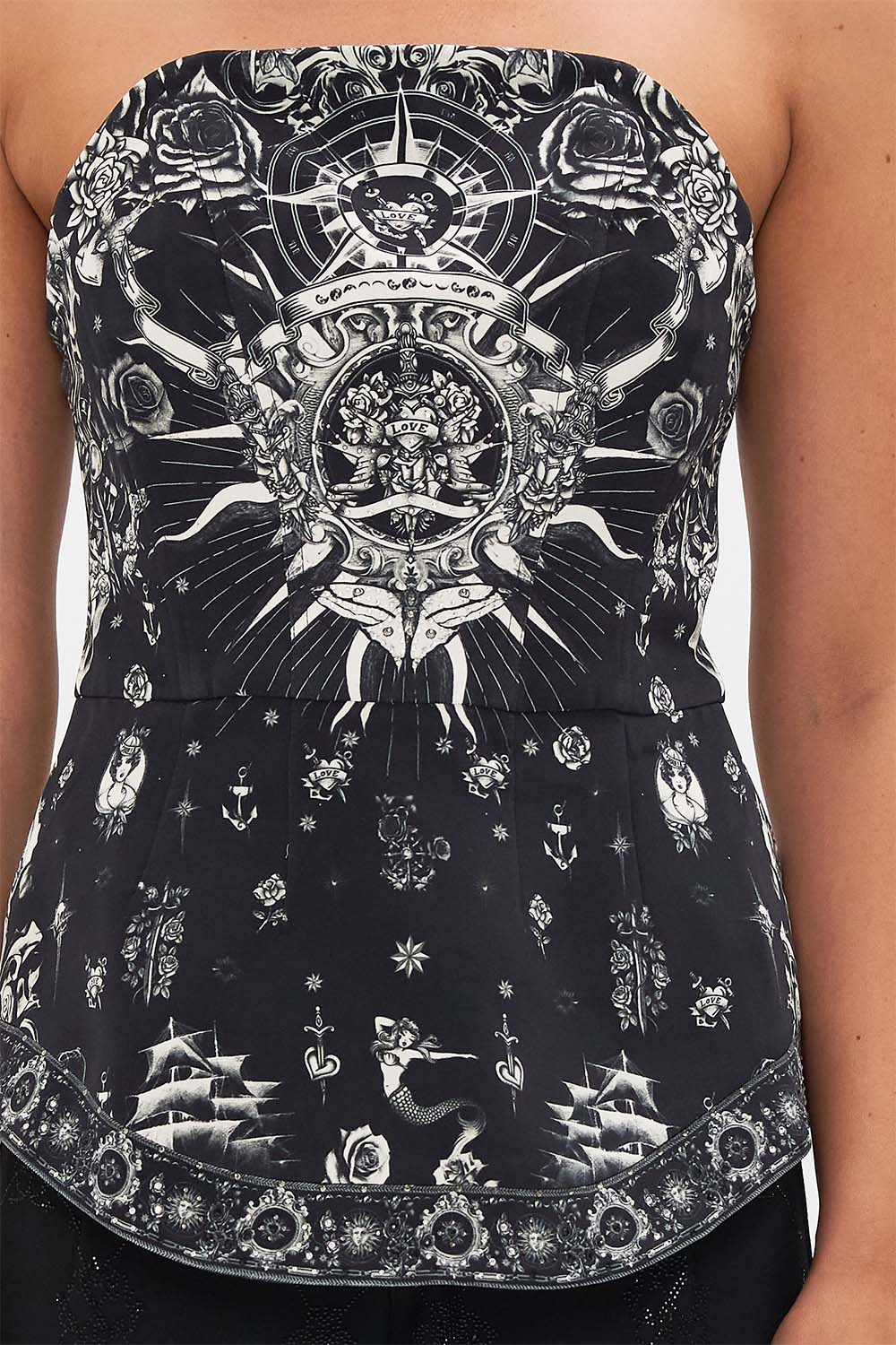 The CAMILLA CURVED HEM ZIP DETAIL CORSET TALES OF TATTOO in our  print.
