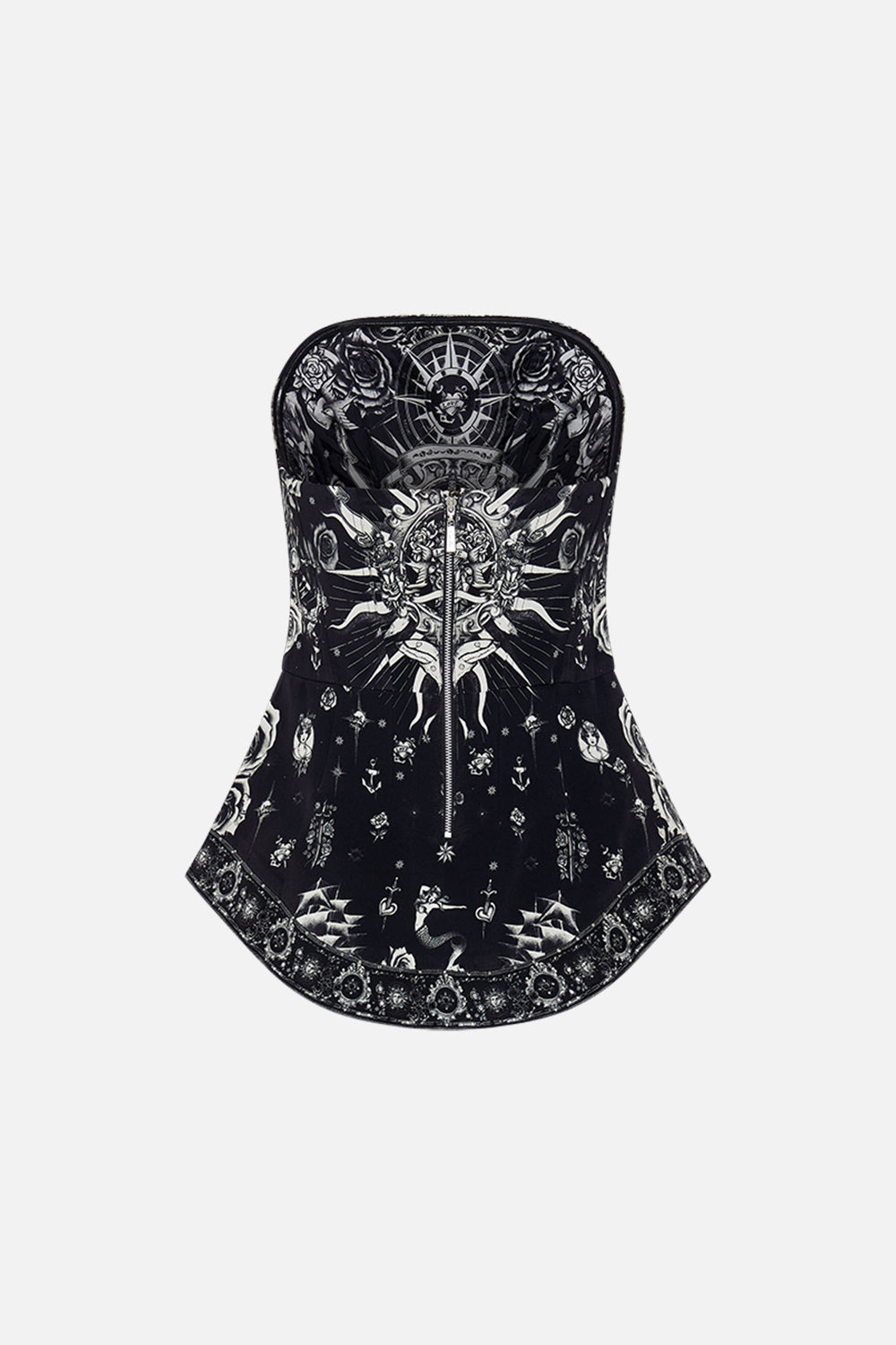 The CAMILLA CURVED HEM ZIP DETAIL CORSET TALES OF TATTOO in our  print.