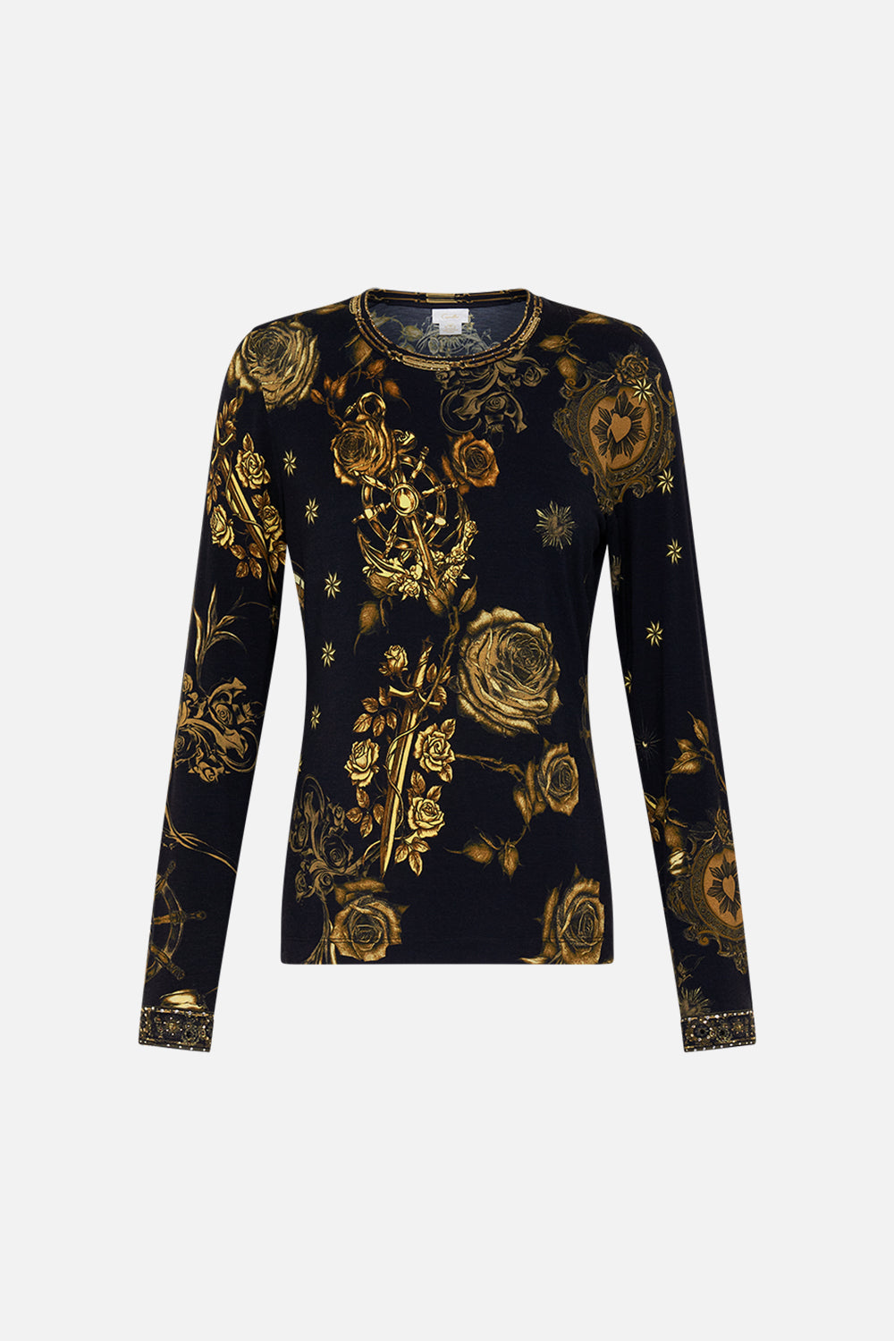 CAMILLA black long sleeve top in So Says the Oracle print. 