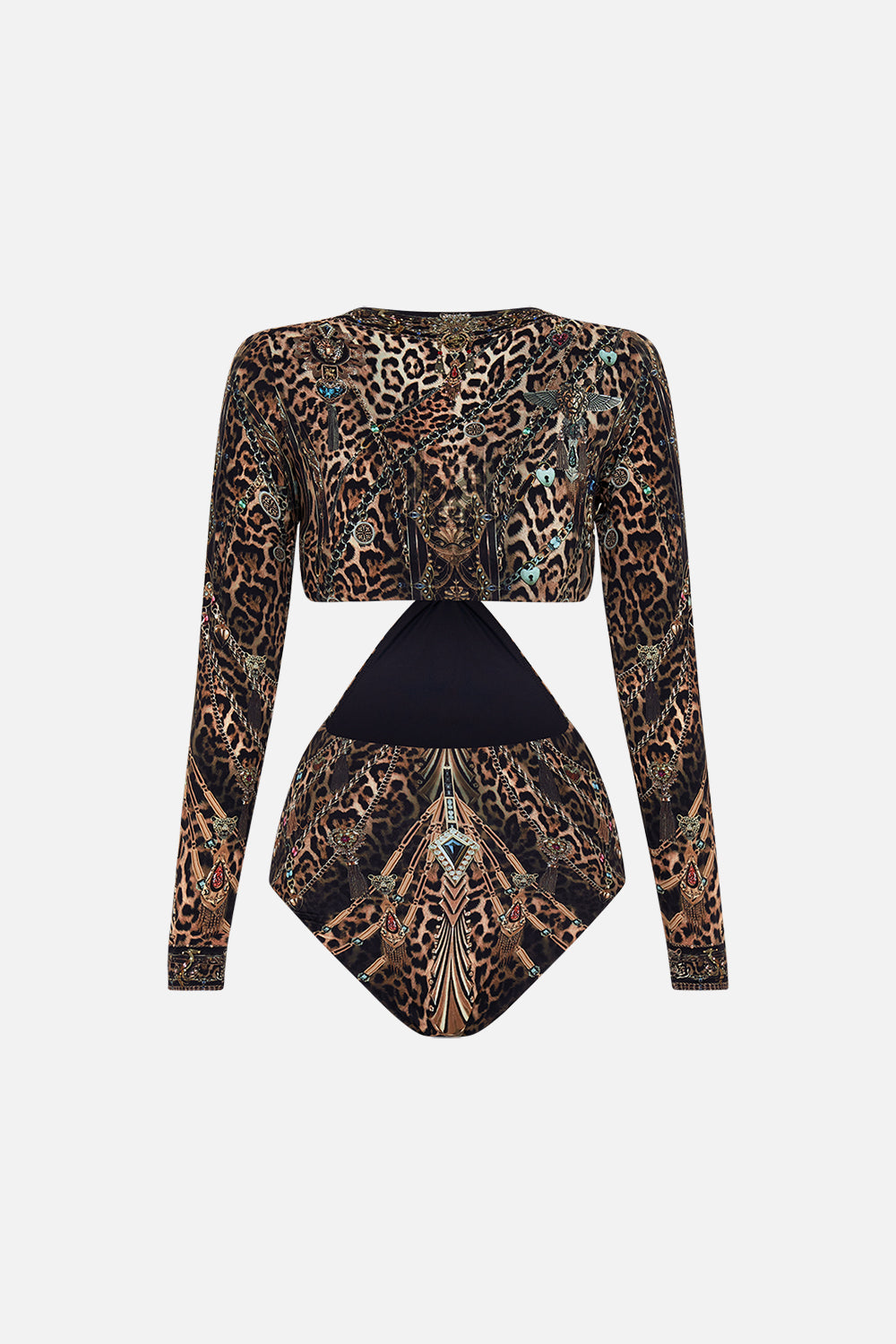 The CAMILLA CUT OUT BODYSUIT WITH TRIM AMSTERGLAM in our  print.