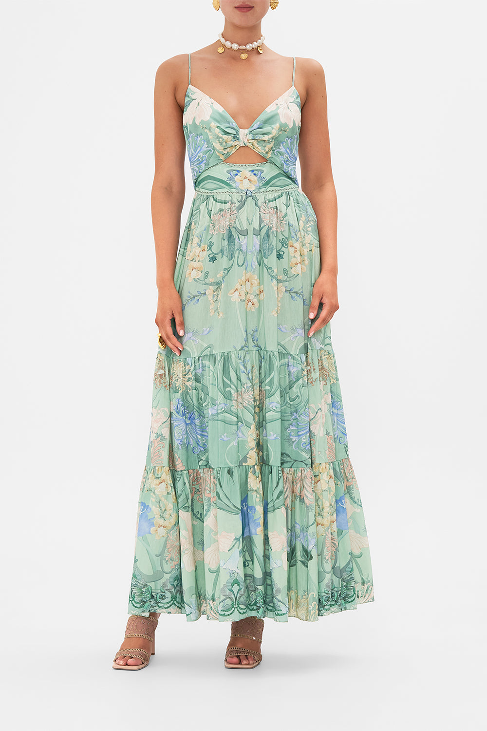 CAMILLA Floral Cut-Out Bodice Dress with Tiered Skirt in Dreaming in Dutch print