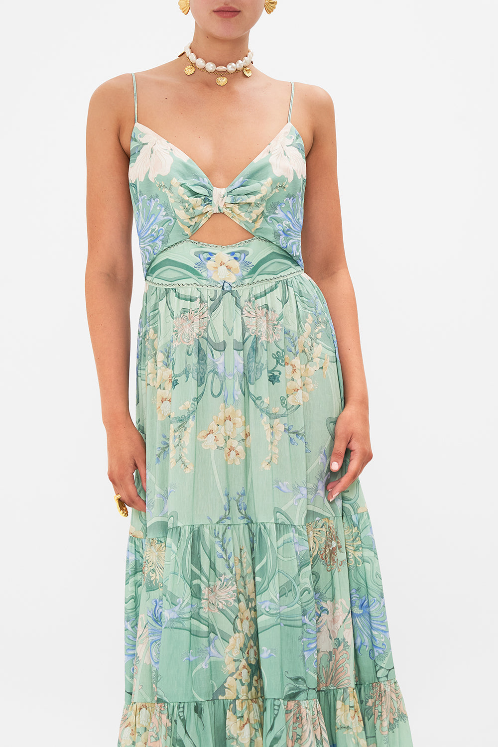 CAMILLA Floral Cut-Out Bodice Dress with Tiered Skirt in Dreaming in Dutch print
