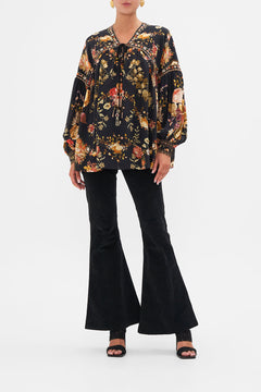 CAMILLA Floral Blouson Blouse with Neck Tie in Stitched in Time print