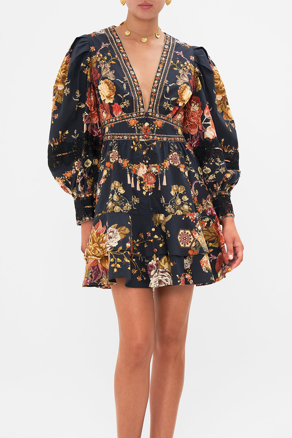 CAMILLA Floral Button Front Frill Dress with Lace Detail in Stitched in Time