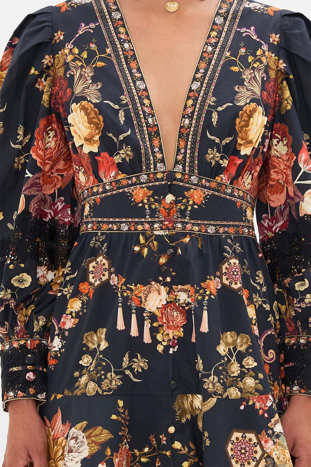 CAMILLA Floral Button Front Frill Dress with Lace Detail in Stitched in Time