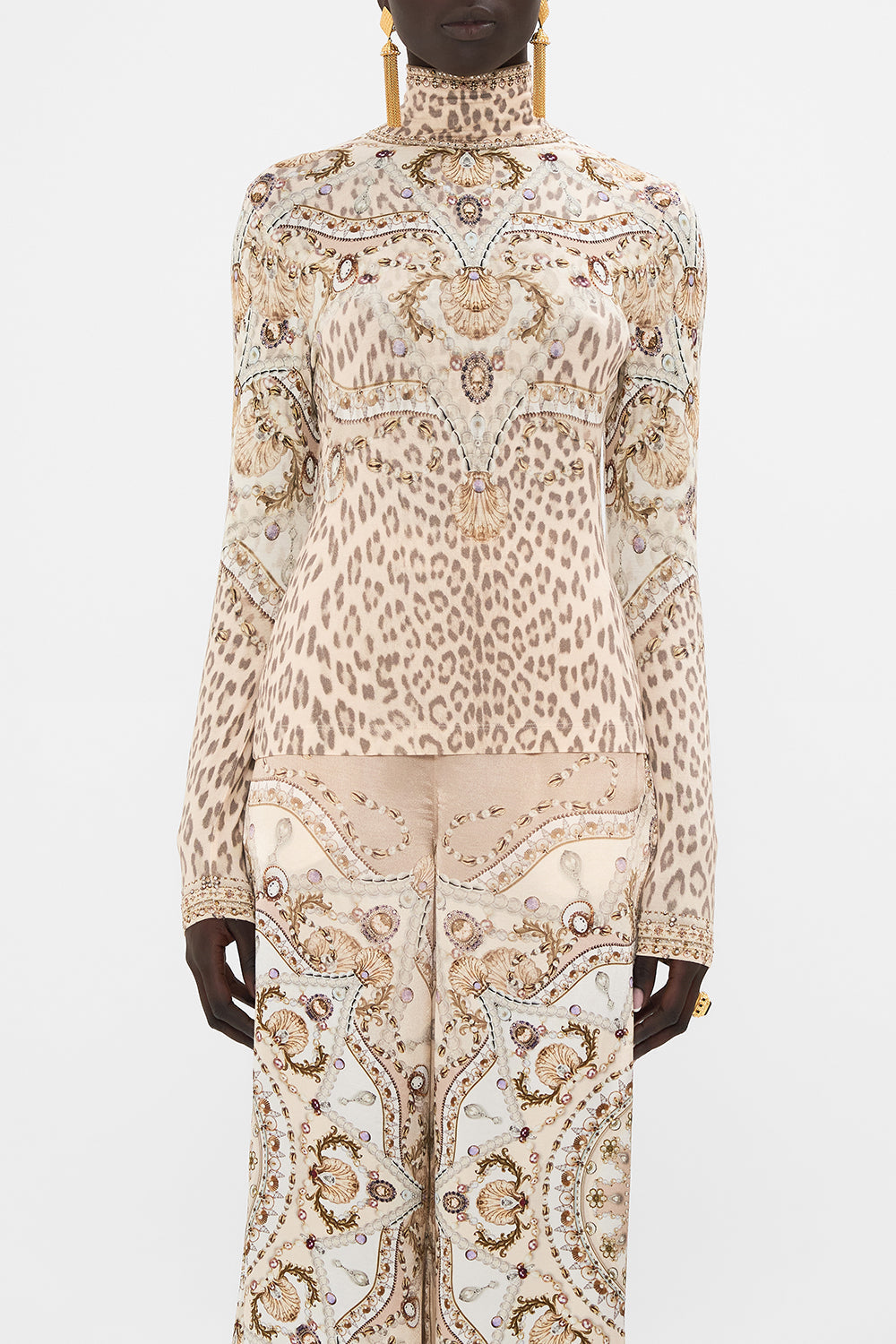 CAMILLA blush jersey turtleneck in Grotto Goddess print.