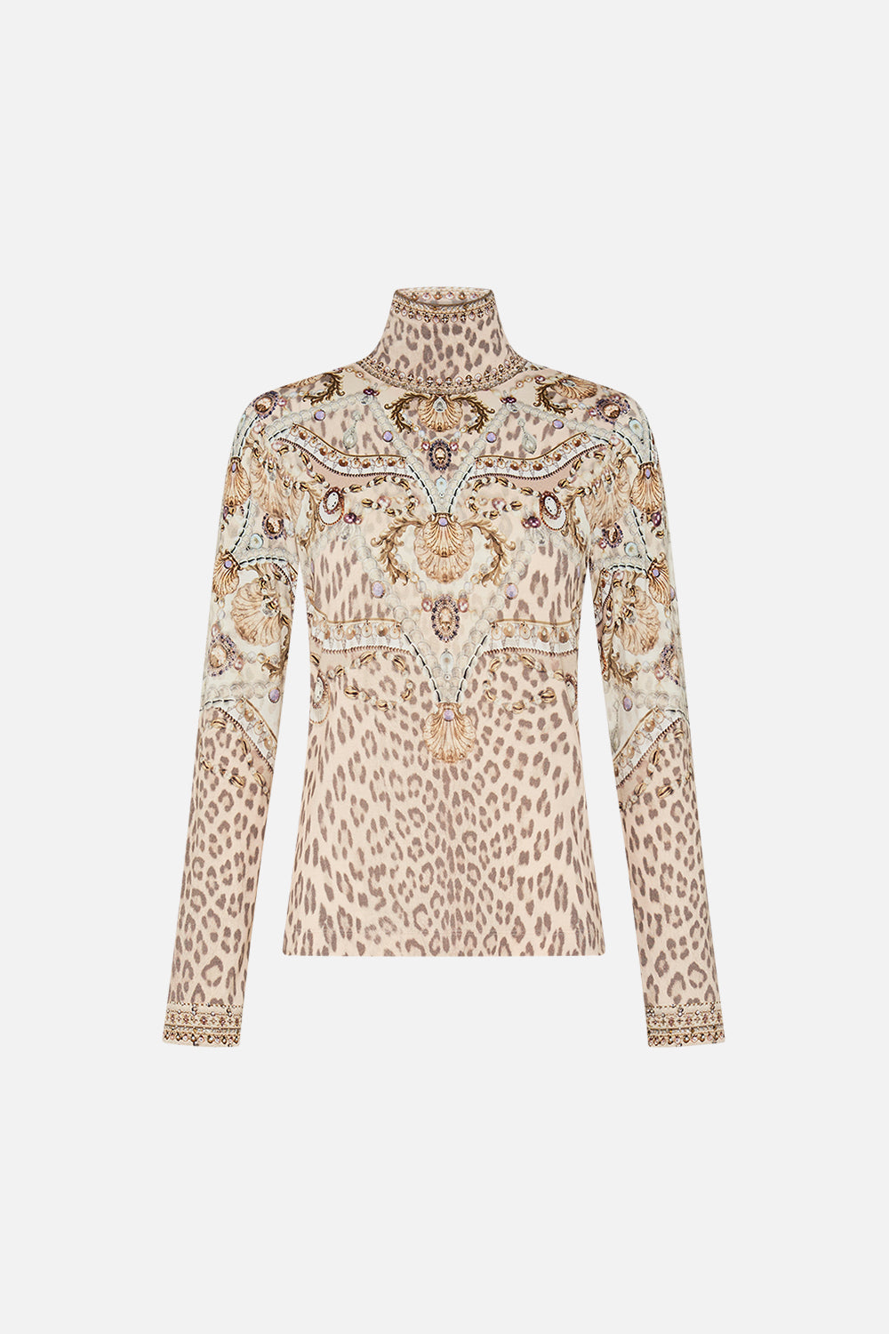 CAMILLA blush jersey turtleneck in Grotto Goddess print.