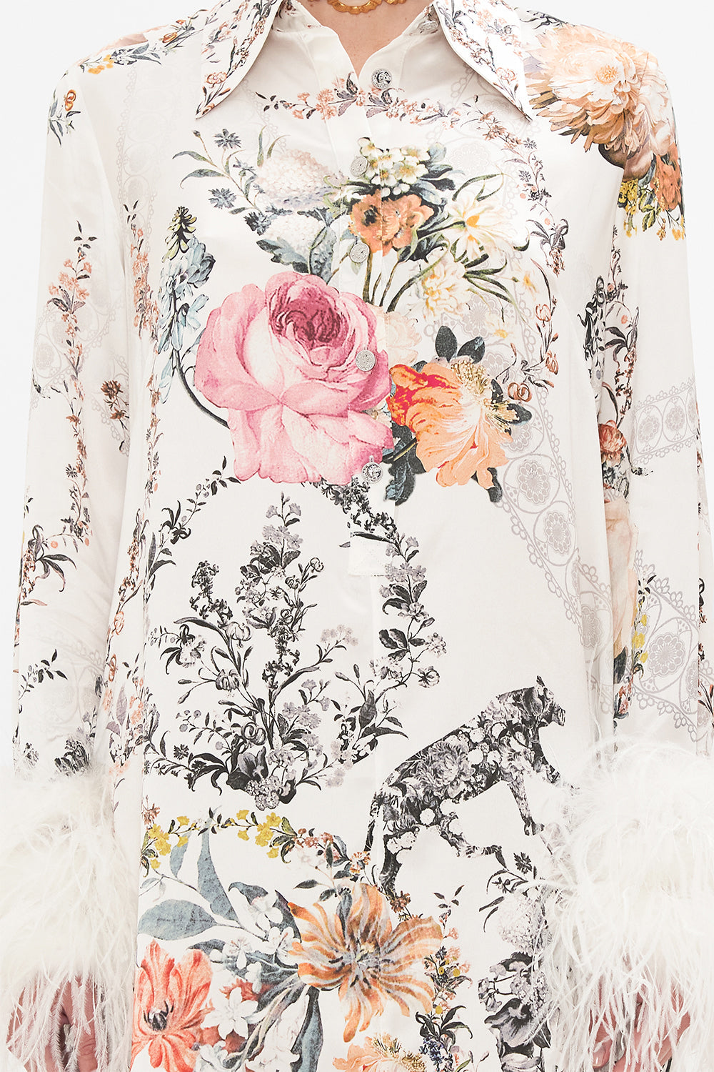CAMILLA  white mini dress with feathers in De Haar Memoirs print