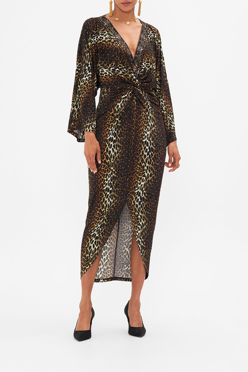 CAMILLA leopard long split-front twist dress in Amsterglam print.