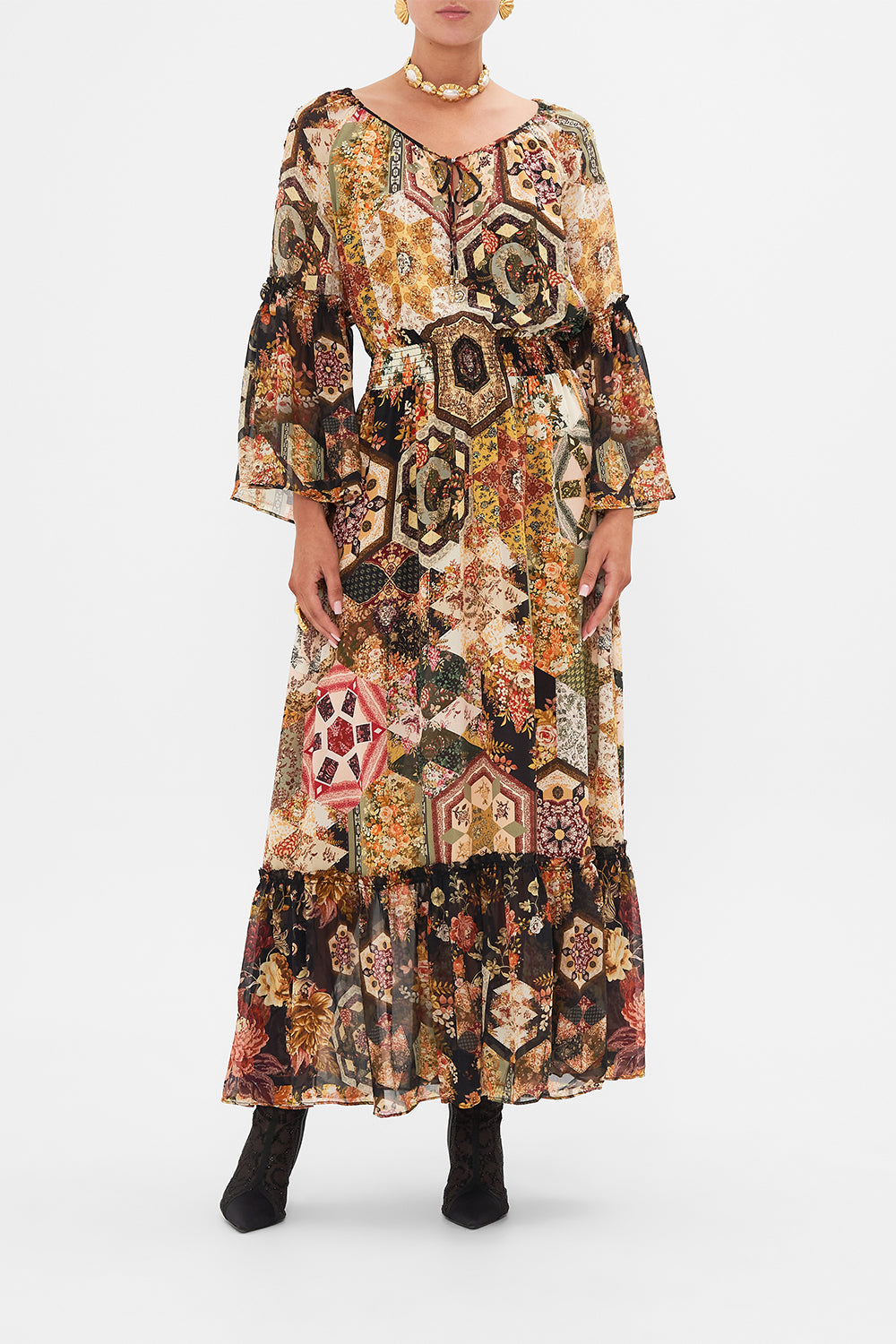 CAMILLA Floral Long Dress With Gathered Bell Sleeve in Stitched In Time print.