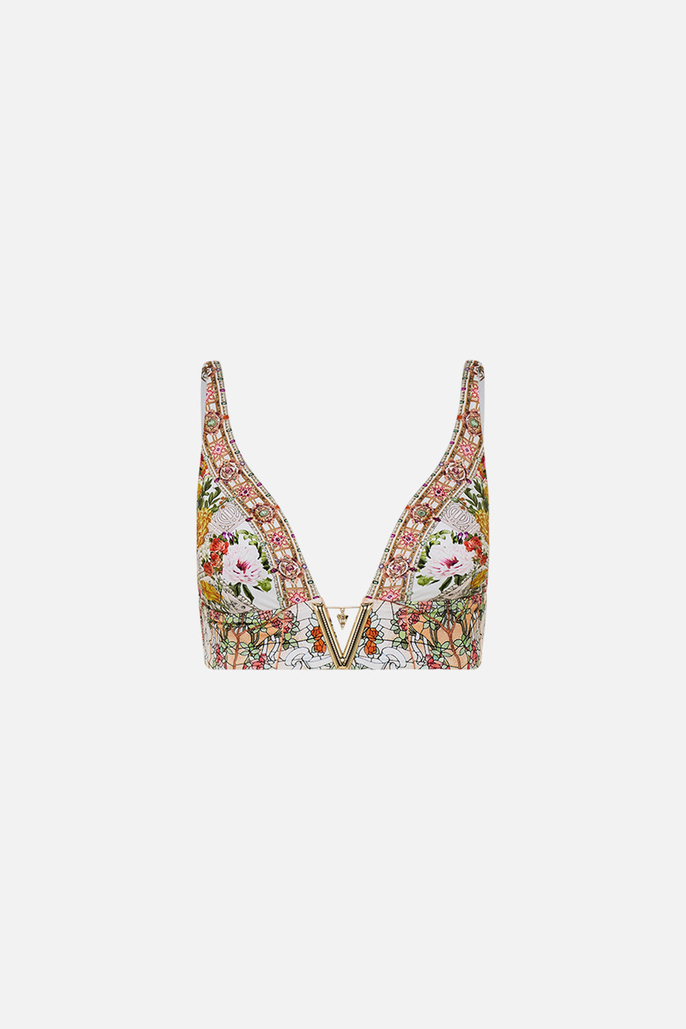 CAMILLA V Neck Hardware Bra in Egyptian Rose print. 