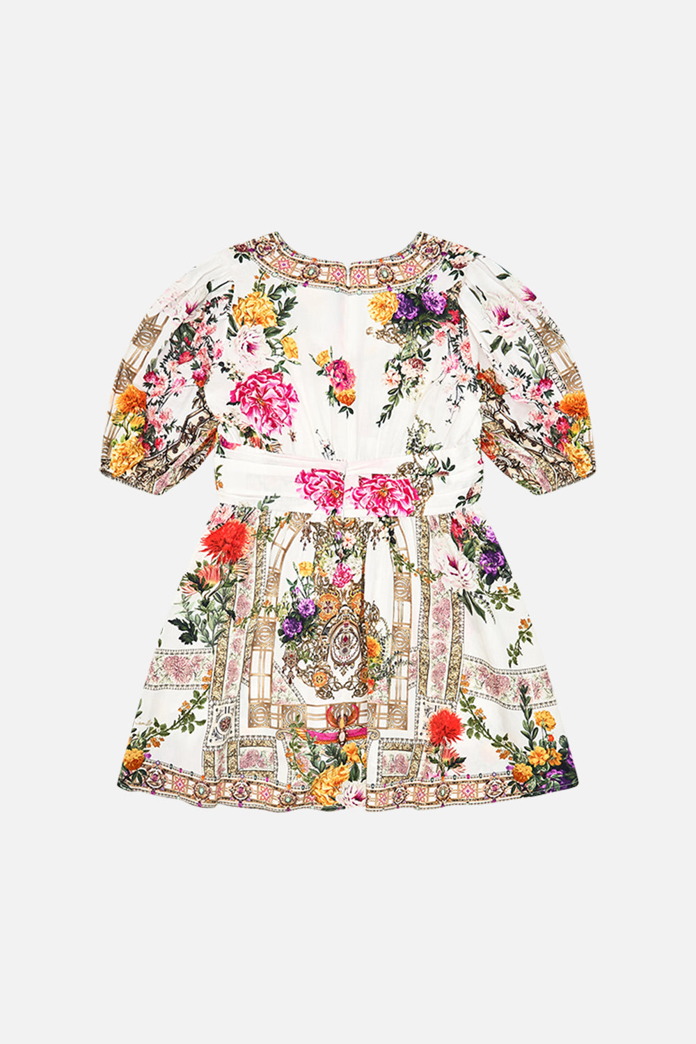 The CAMILLA KIDS MINI DRESS WITH WAIST SASH AND BOW 4-10 EGYPTIAN ROSE in our  print.
