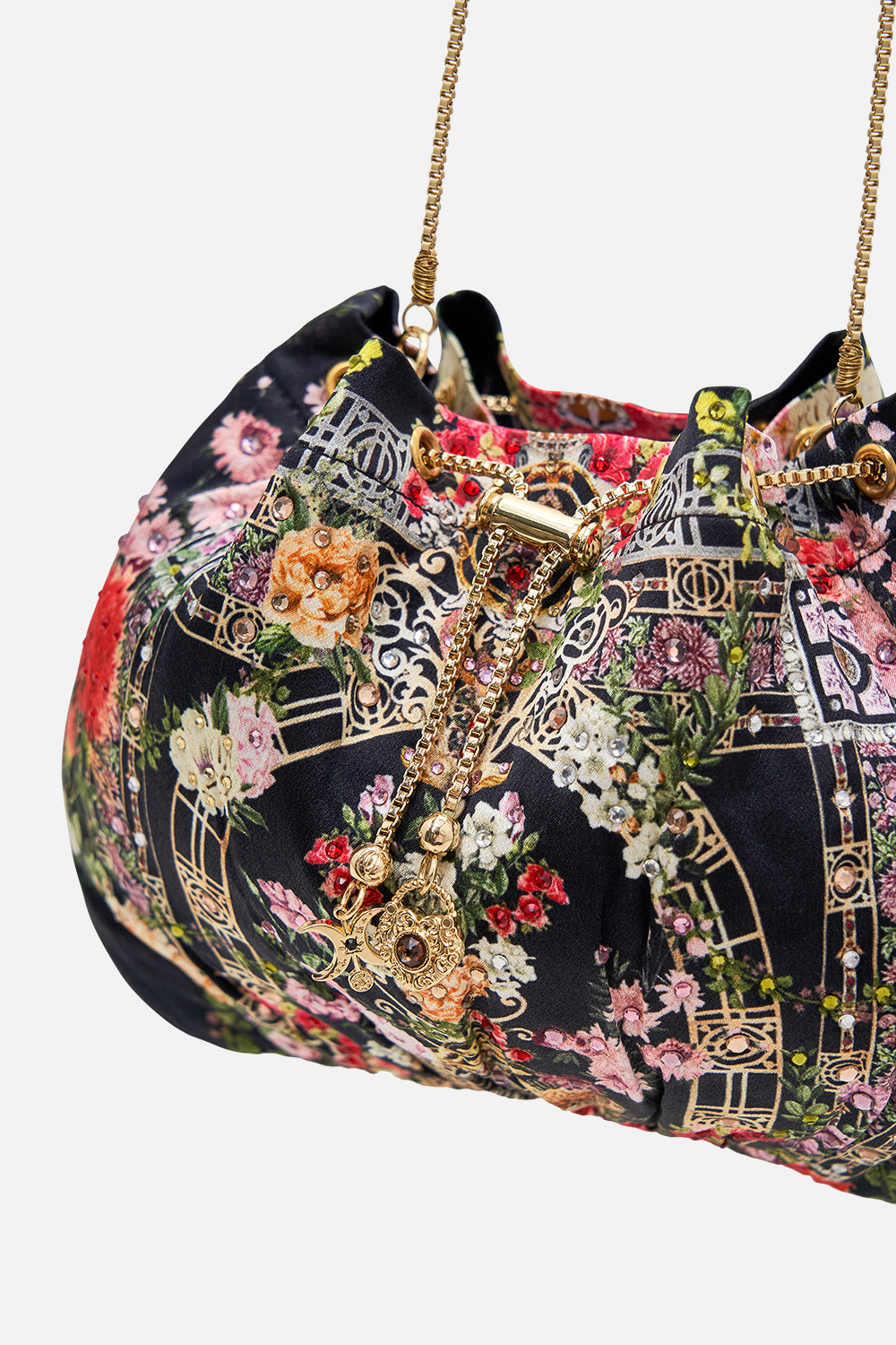 CAMILLA Drawstring pouch with chain strap in Adorned in Alexandria print.