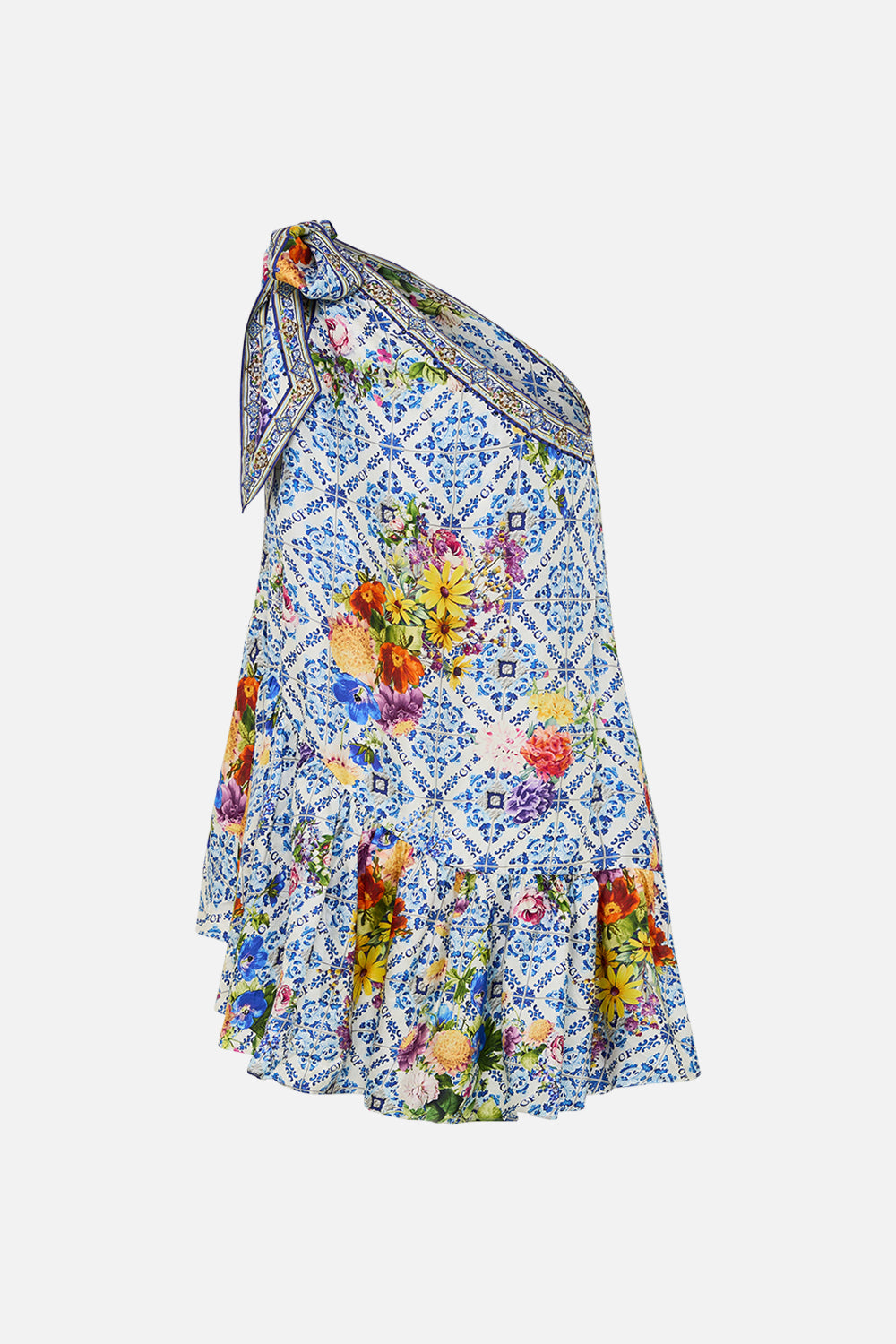 The CAMILLA TIE ONE SHOULDER SHORT DRESS WALL TO WALL WONDERS in our  print.