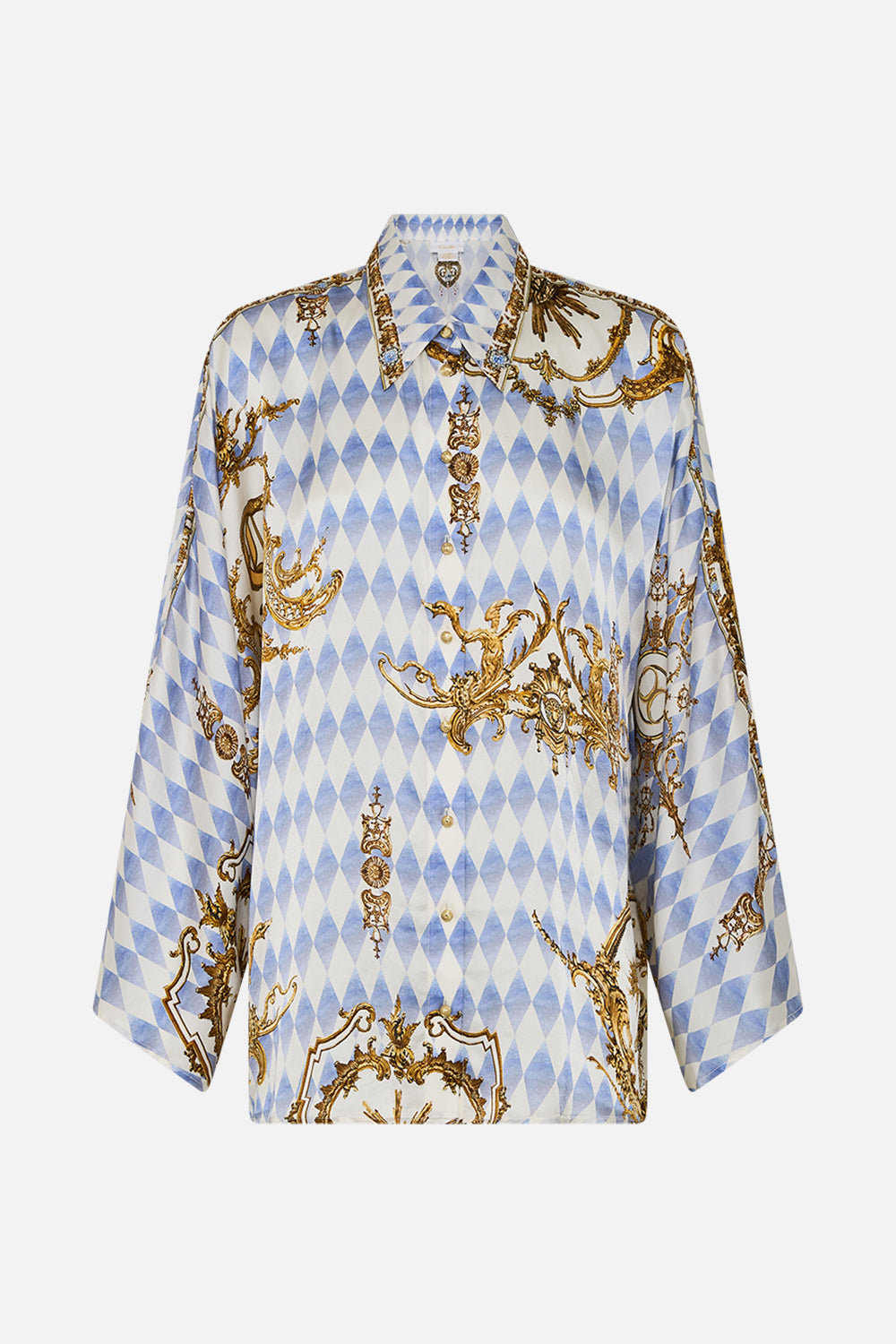 The CAMILLA WIDE SLEEVE BLOUSE THRONE GAMES in our  print.