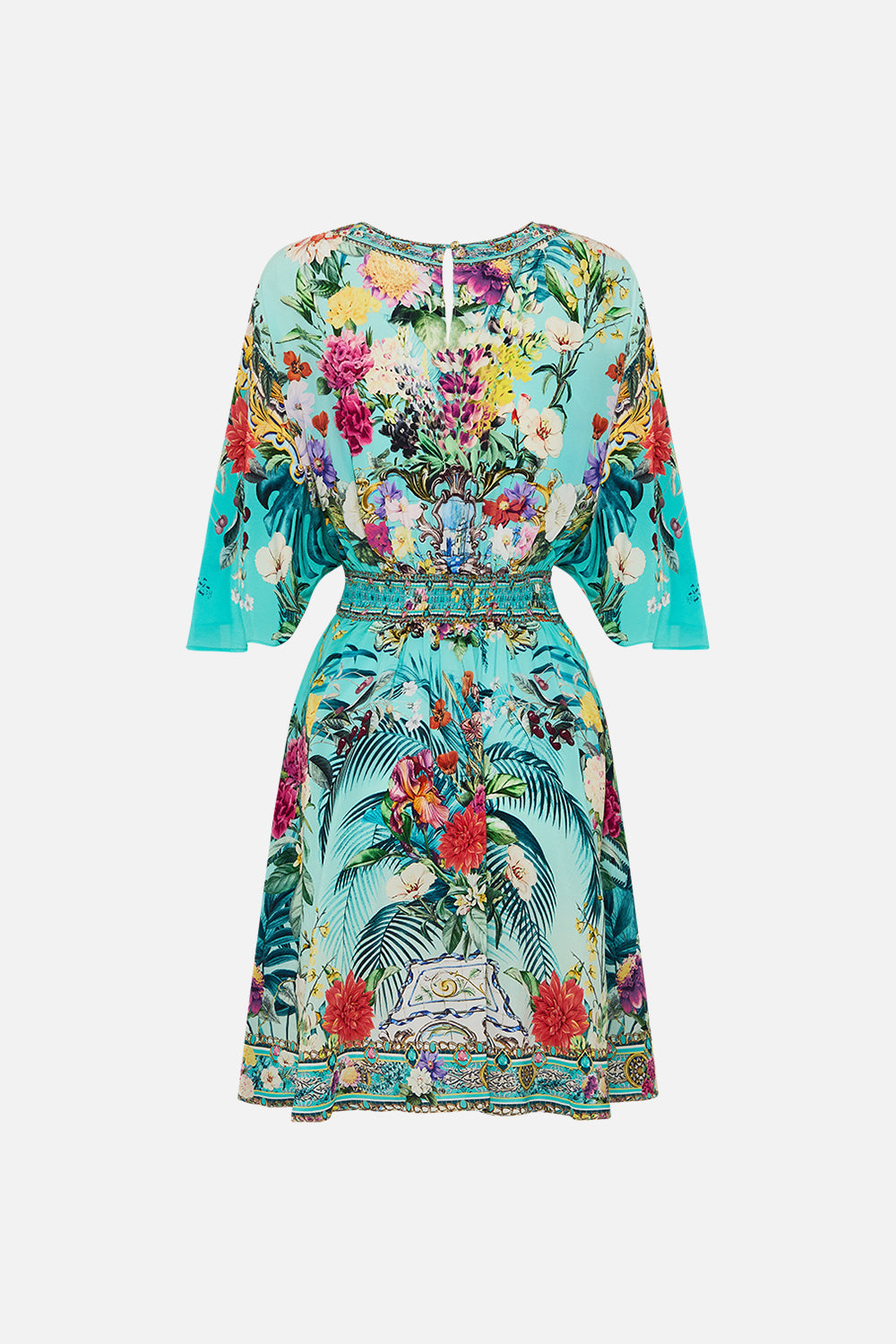 The CAMILLA SHORT WAISTED DRESS GARDENS OF QUELUZ in our  print.