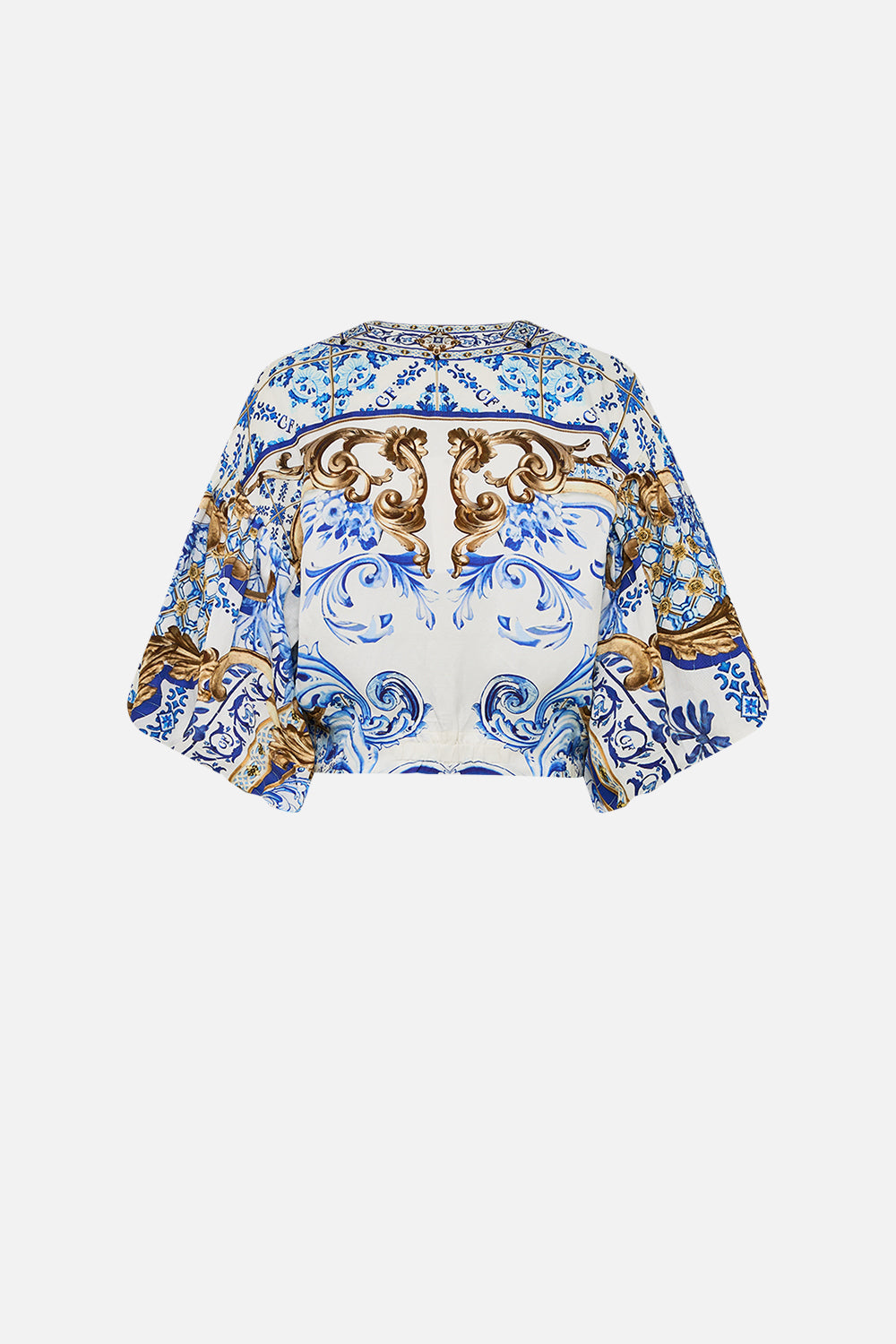 The CAMILLA TIE FRONT PUFF SLEEVE TOP AZUL ADVENTURES in our  print.