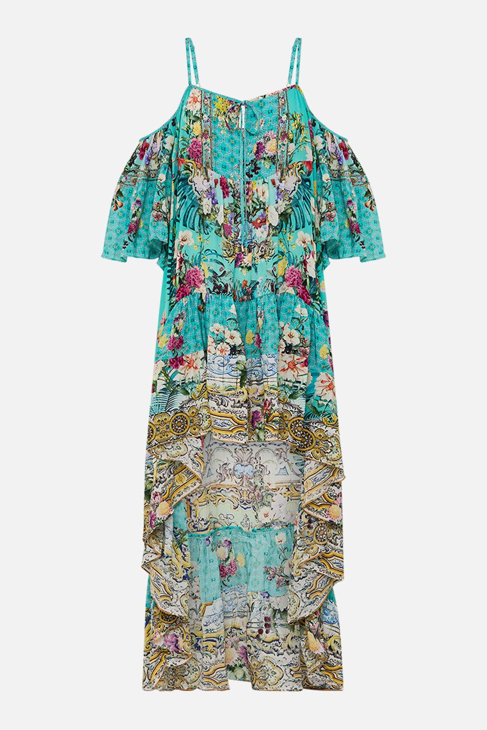 The CAMILLA COLD SHOULDER HIGH LOW DRESS GARDENS OF QUELUZ in our  print.