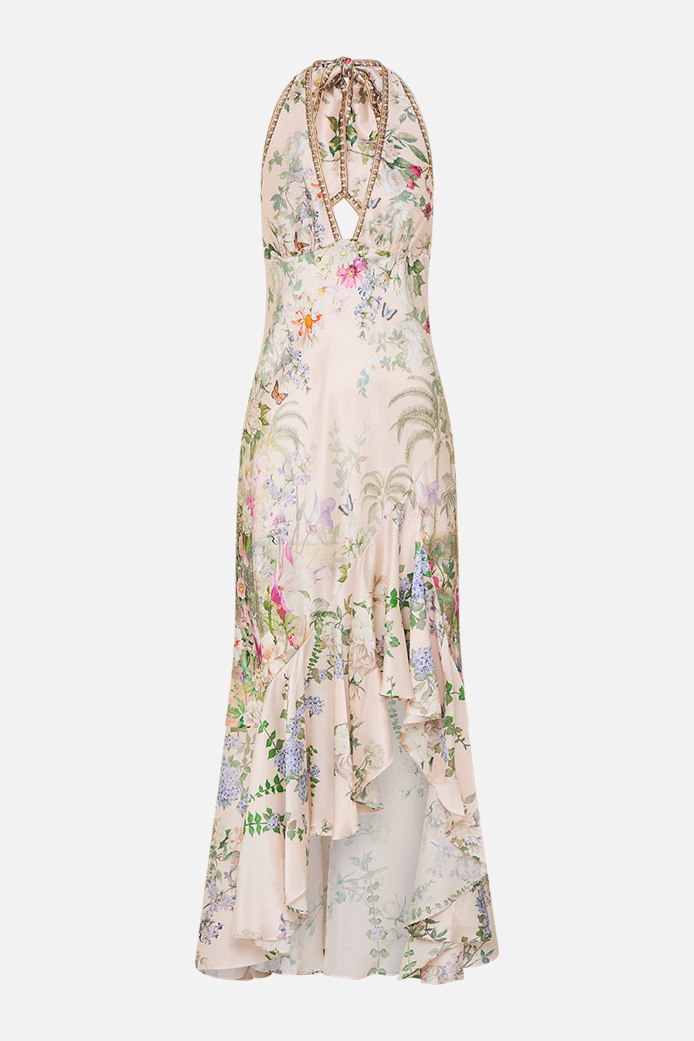 The CAMILLA BIAS HALTER DRESS WITH RUFFLE HEM PALACIO PLAYGROUND in our  print.