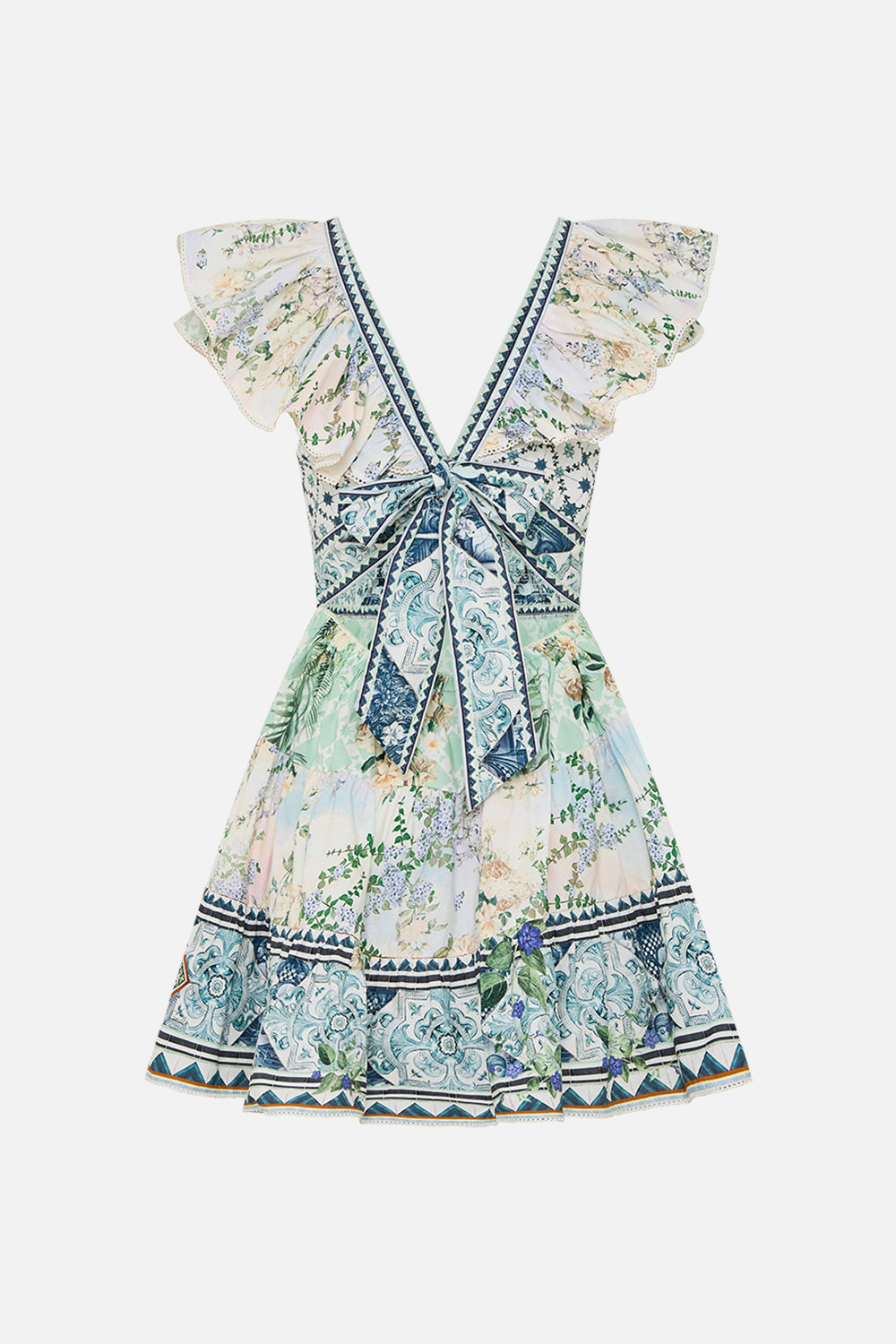 The CAMILLA TIERED SHORT DRESS WITH NECK FRILL JARDIM PARTY in our  print.