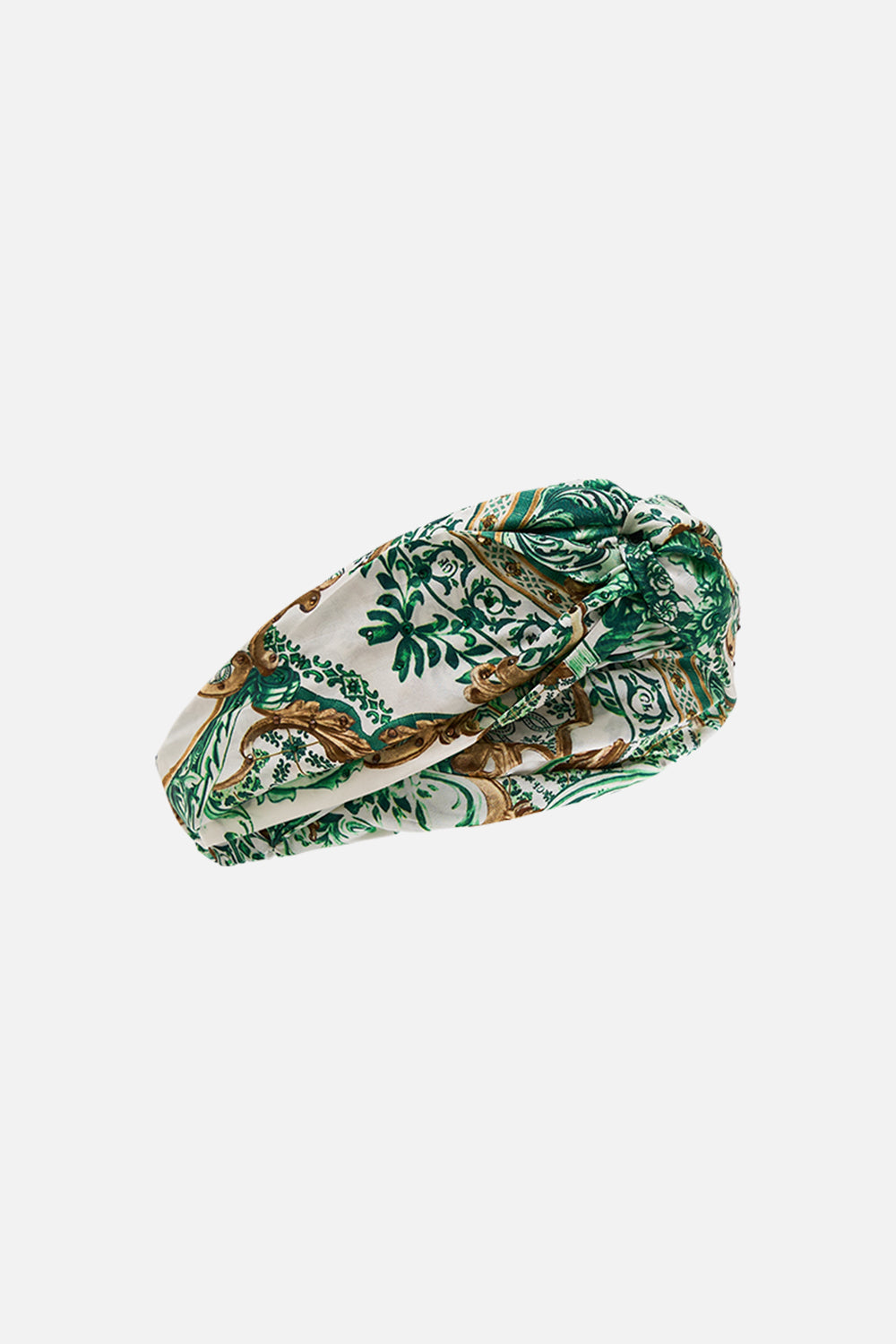 The CAMILLA WOVEN TWIST HEADBAND CORRIDOR OF CALM in our  print.