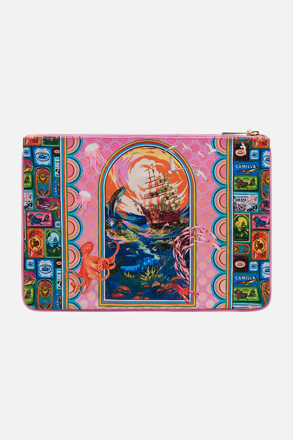 The CAMILLA SMALL CANVAS CLUTCH SALTY SPLENDOUR in our  print.