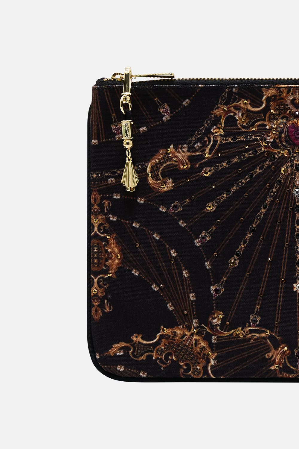 The CAMILLA SMALL CANVAS CLUTCH BAROQUE AROUND THE CLOCK in our  print.