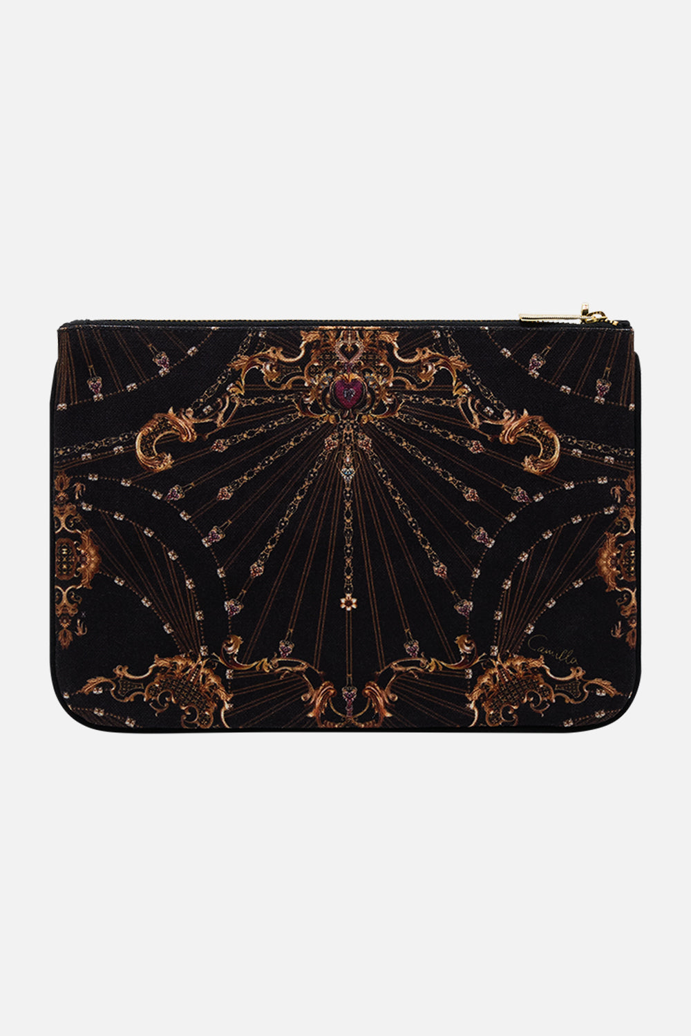 The CAMILLA SMALL CANVAS CLUTCH BAROQUE AROUND THE CLOCK in our  print.
