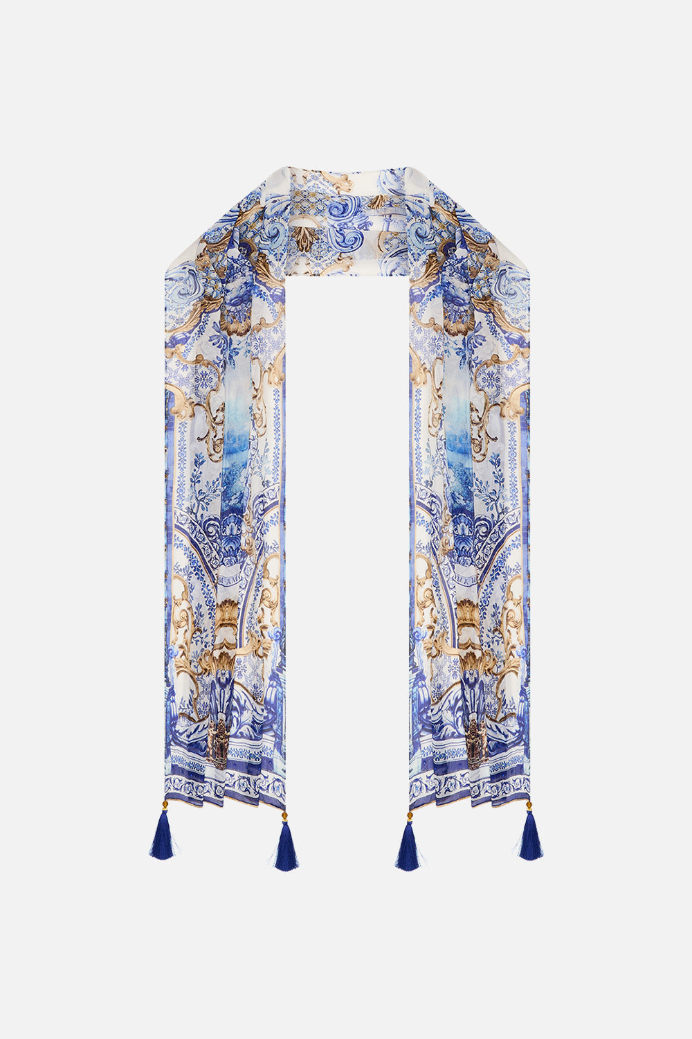 The CAMILLA LONG SCARF AZUL ADVENTURES in our AZUL ADVENTURES print.