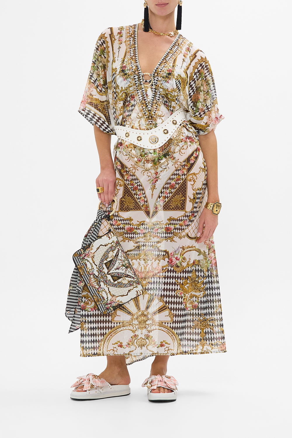 The CAMILLA RING SCARF CLUTCH ROCOCO GLOW in our  print.