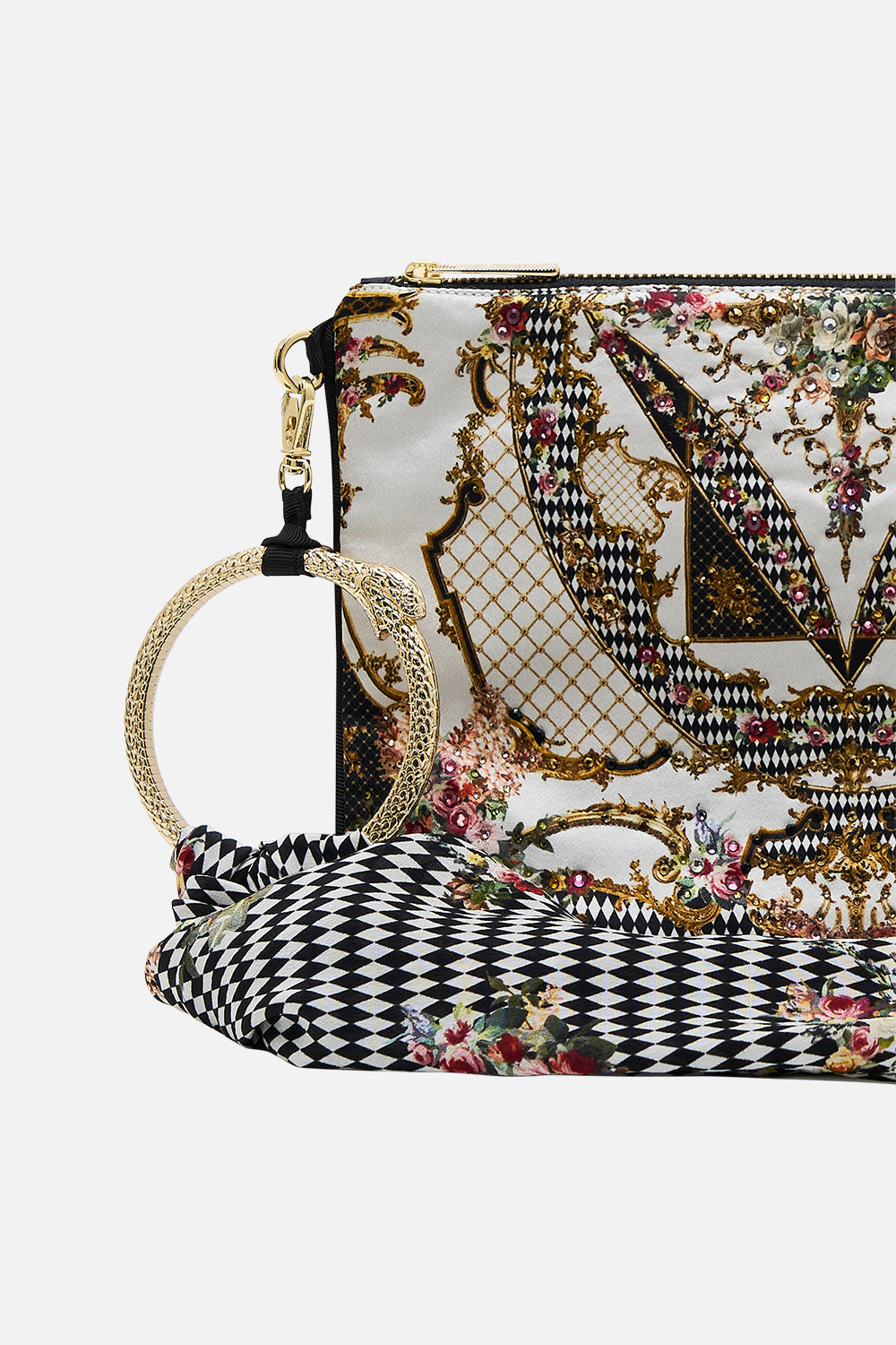 The CAMILLA RING SCARF CLUTCH ROCOCO GLOW in our  print.