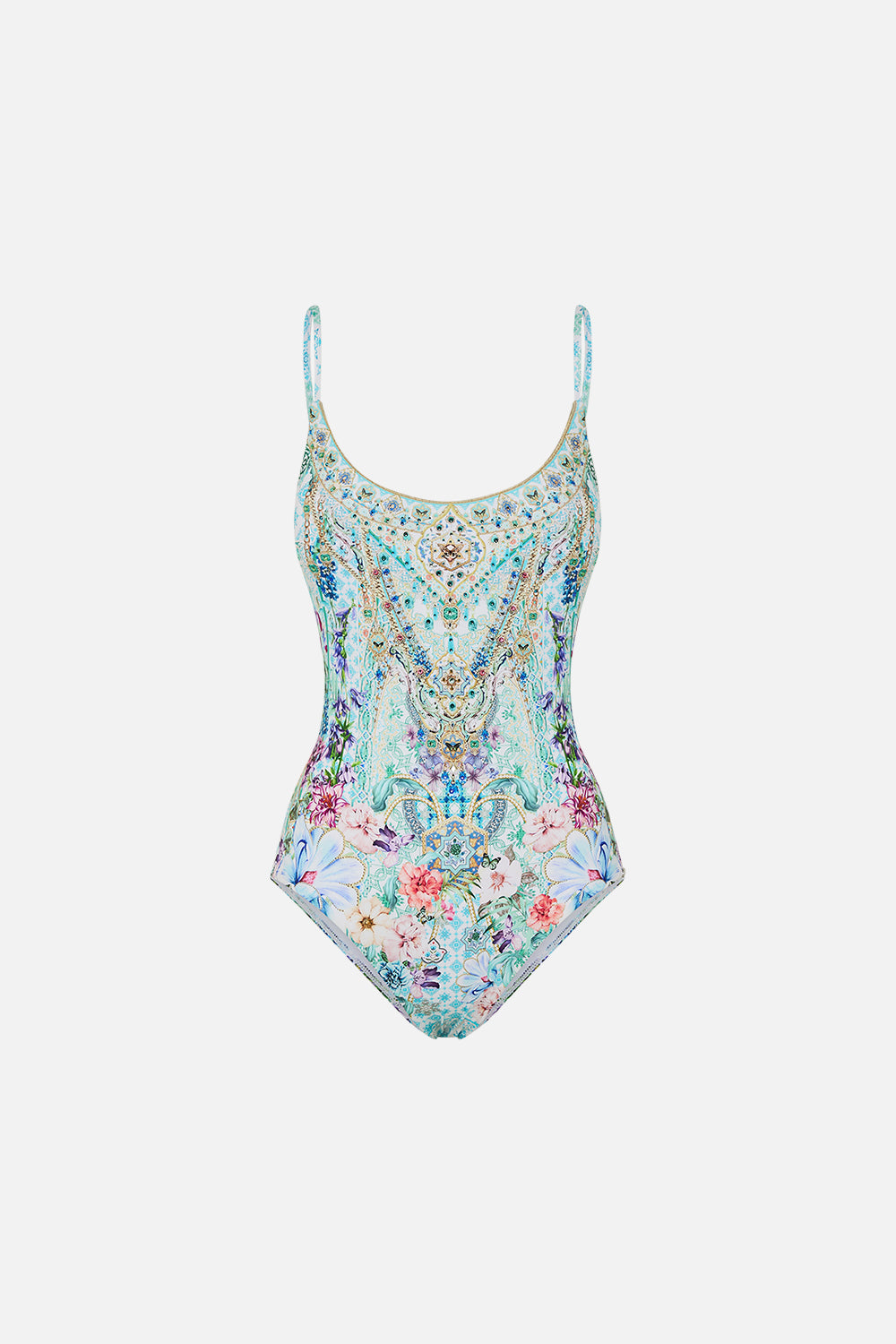 The CAMILLA SCOOP NECK ONE PIECE SUNRISE IN SINTRA in our  print.