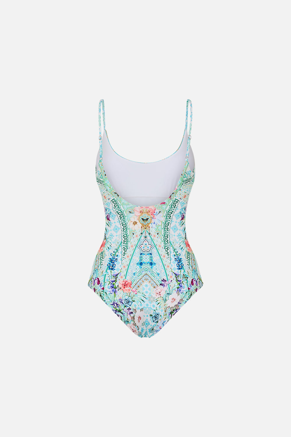The CAMILLA SCOOP NECK ONE PIECE SUNRISE IN SINTRA in our  print.