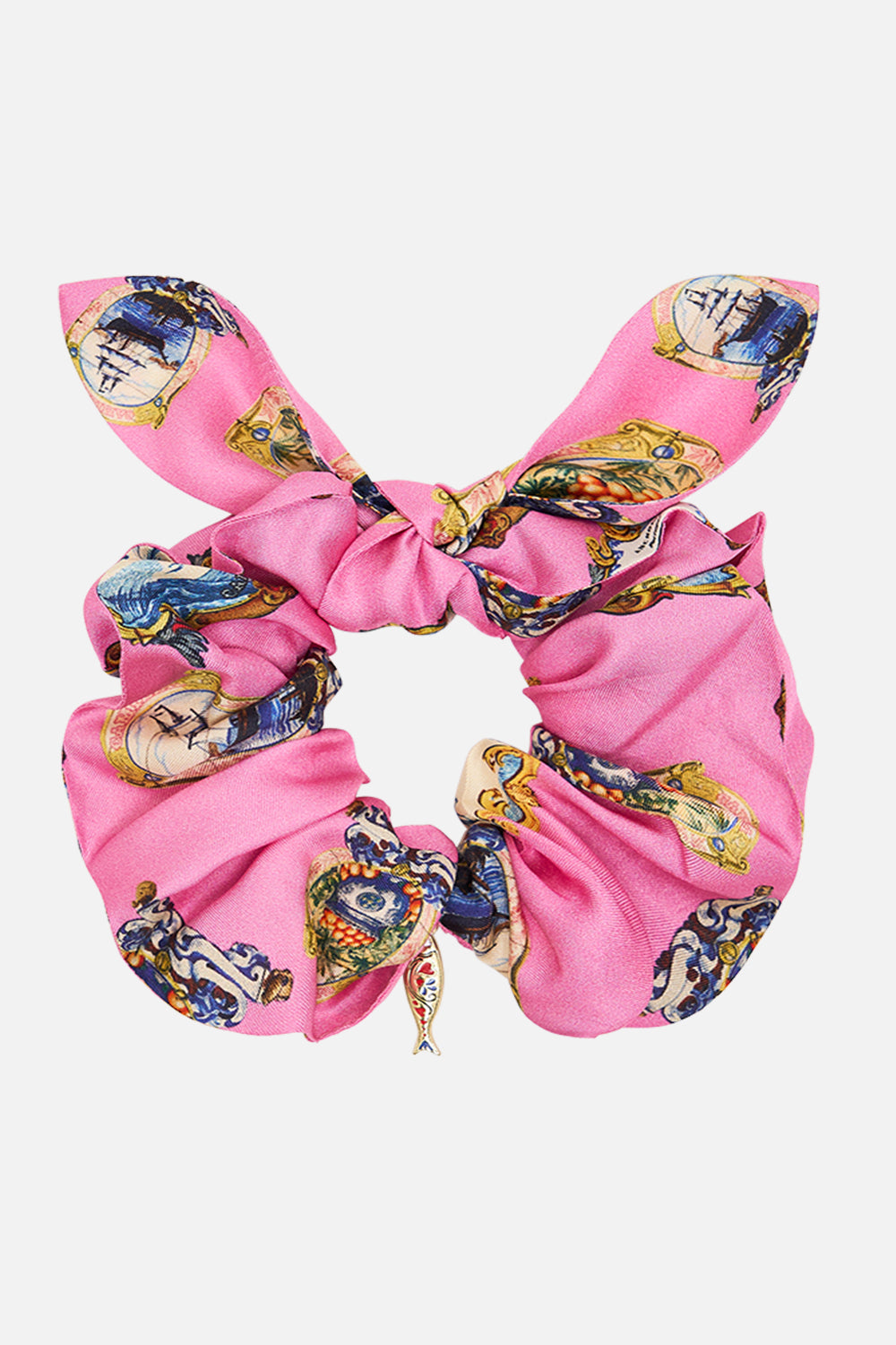 The CAMILLA SCRUNCHIE WITH TRINKET SALTY SPLENDOUR in our SALTY SPLENDOUR print.