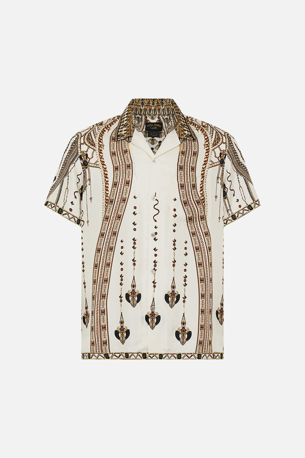 The CAMILLA SHORT SLEEVE CAMP COLLARED SHIRT GODDESS ENERGY in our  print.