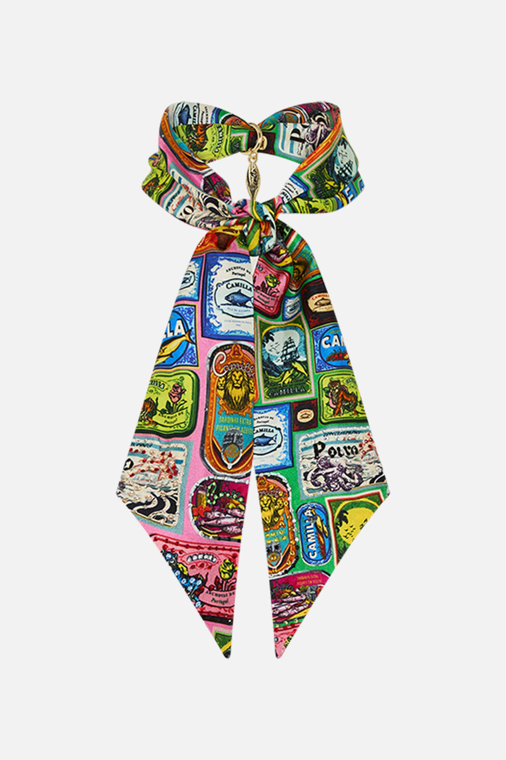 The CAMILLA SKINNY NECK SCARF WITH TRINKET SALTY SPLENDOUR in our SALTY SPLENDOUR print.