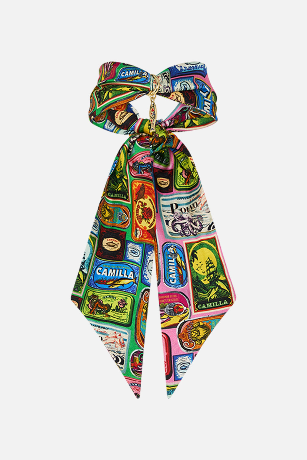 The CAMILLA SKINNY NECK SCARF WITH TRINKET SALTY SPLENDOUR in our  print.