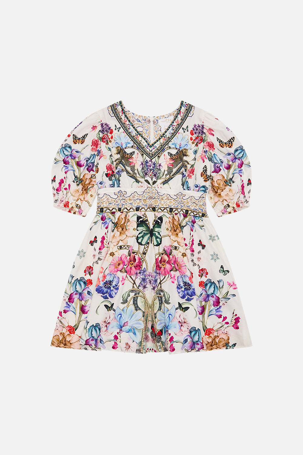 The CAMILLA KIDS MINI DRESS WITH WAIST SASH 4-10 MONSERRATE MAGIC in our MONSERRATE MAGIC print.