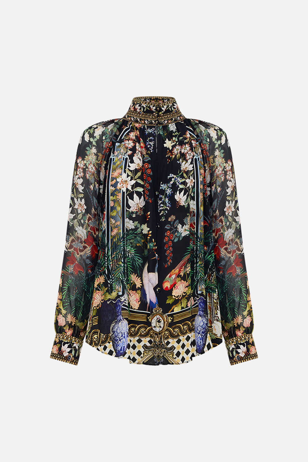 The CAMILLA RAGLAN BUTTON UP SHIRT PALACIO POETRY in our  print.