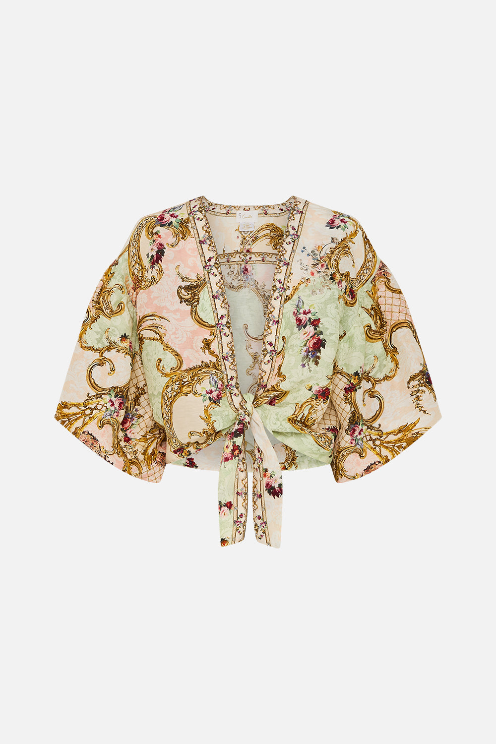 The CAMILLA TIE FRONT PUFF SLEEVE TOP THE QUEENS QUARTERS in our  print.