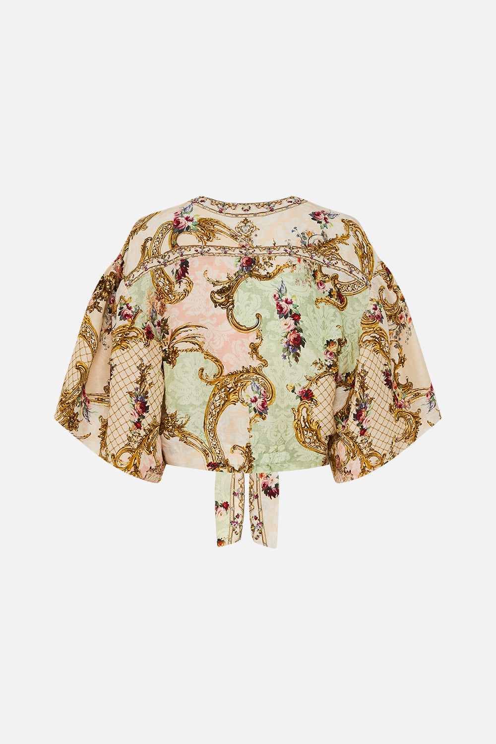 The CAMILLA TIE FRONT PUFF SLEEVE TOP THE QUEENS QUARTERS in our  print.