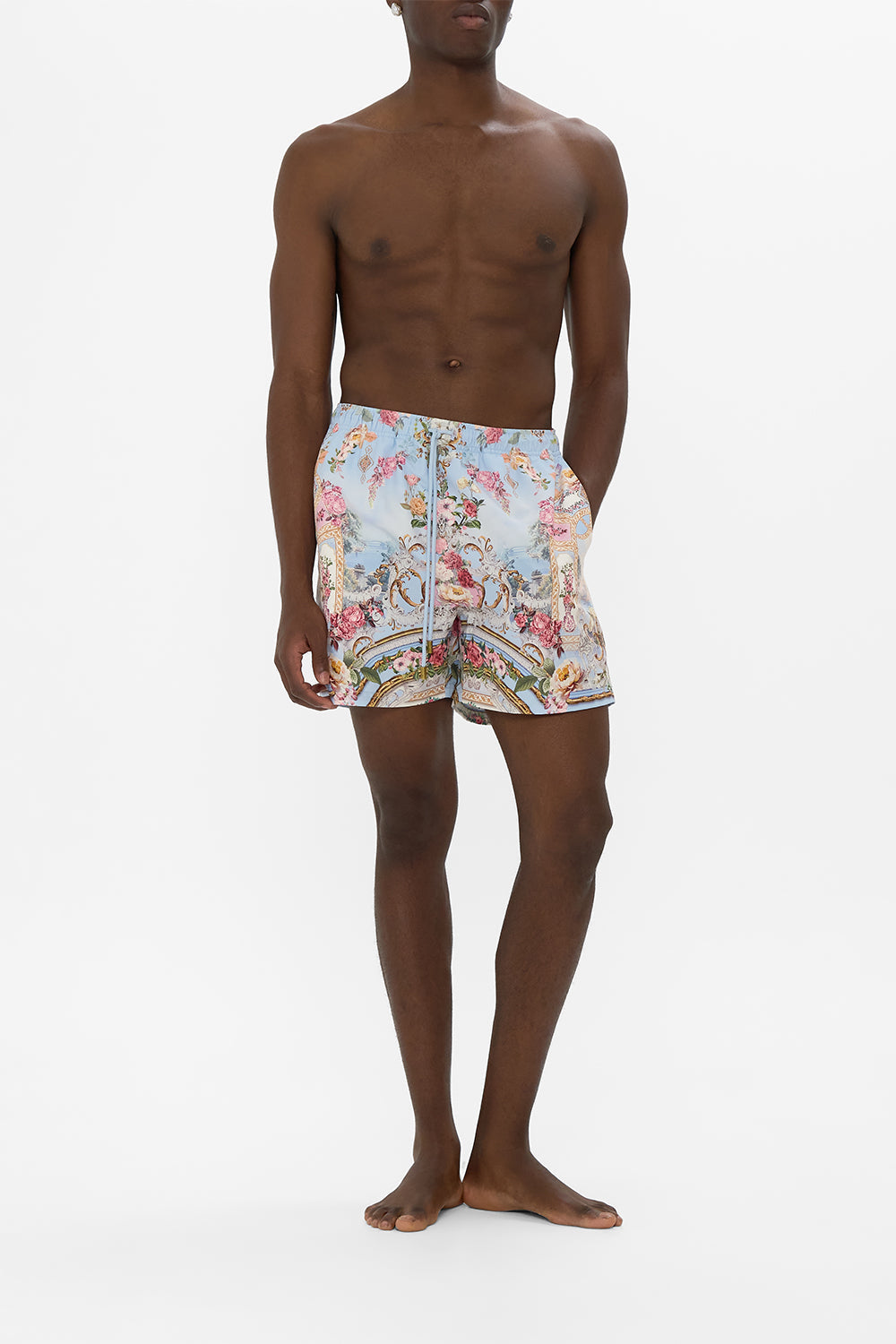 The CAMILLA MID LENGTH BOARDSHORT WITH ELASTIC WAIST TILED IN TIME in our TILED IN TIME print.